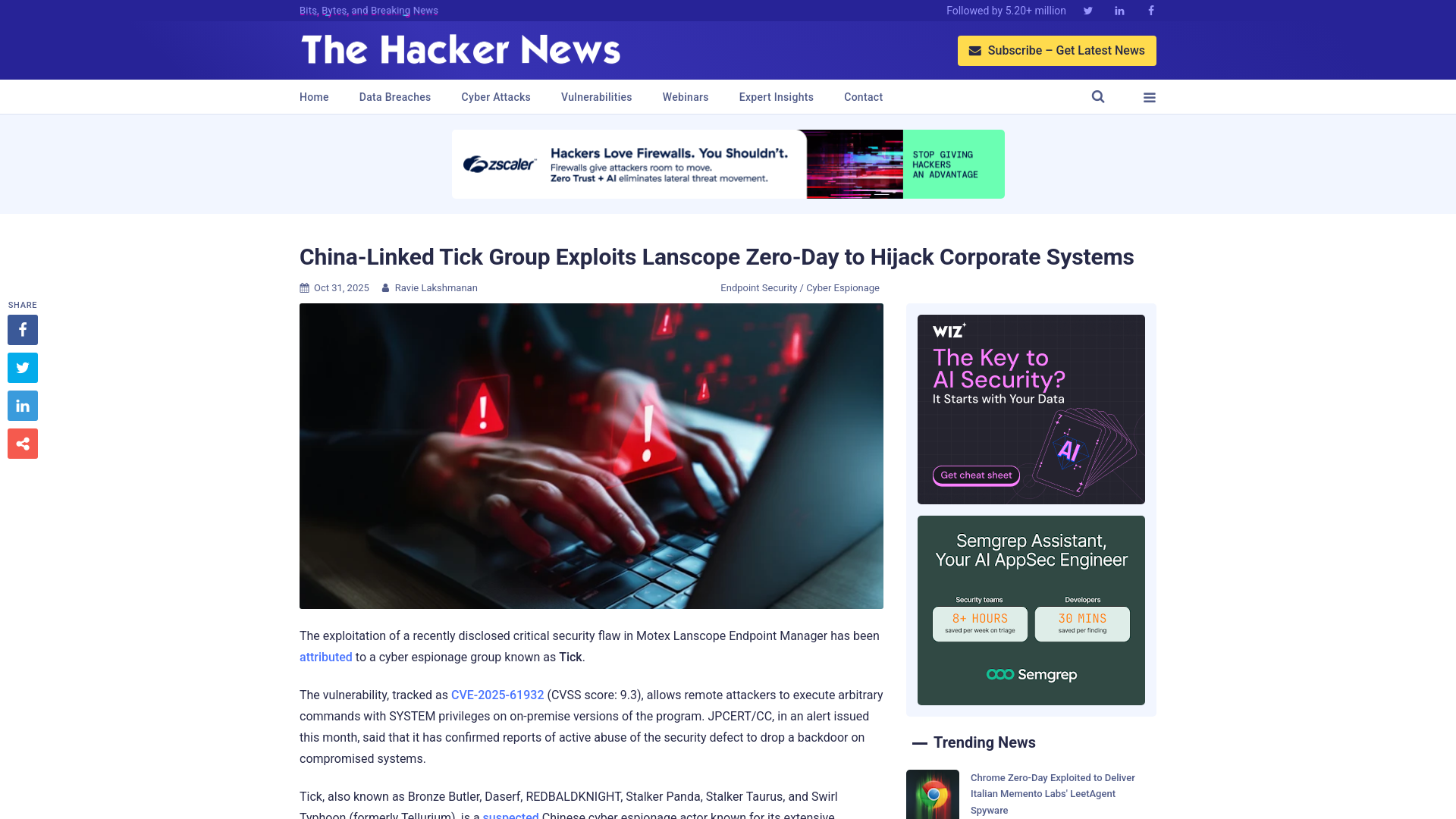 China-Linked Tick Group Exploits Lanscope Zero-Day to Hijack Corporate Systems