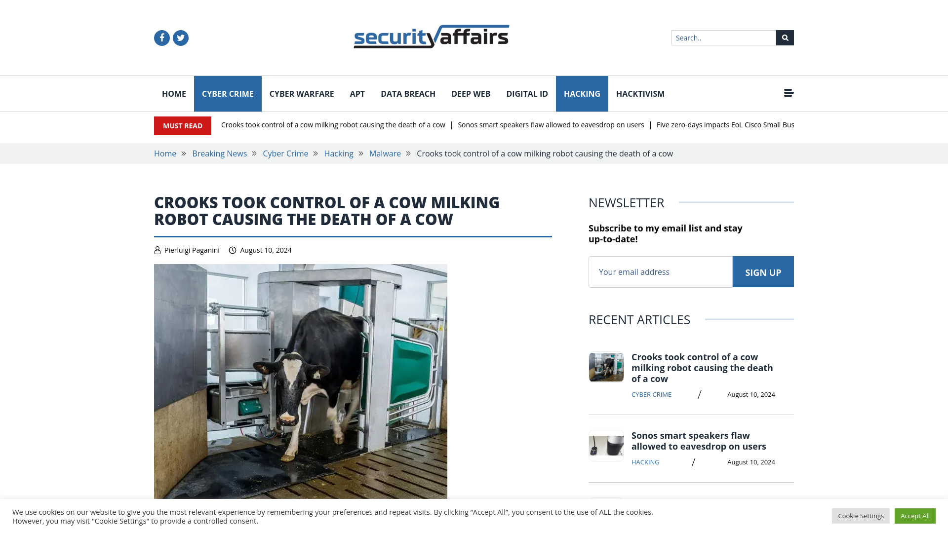 Crooks took control of a cow milking robot causing the death of a cow