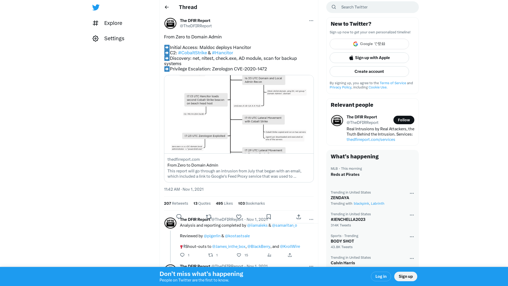 The DFIR Report on Twitter: "From Zero to Domain Admin ➡️Initial Access: Maldoc deploys Hancitor ➡️C2: #CobaltStrike &amp; #Hancitor ➡️Discovery: net, nltest, check.exe, AD module, scan for backup systems ➡️Privilege Escalation: Zerologon CVE-2020-1472 https://t.co/gtiUAi9EQN" / Twitter