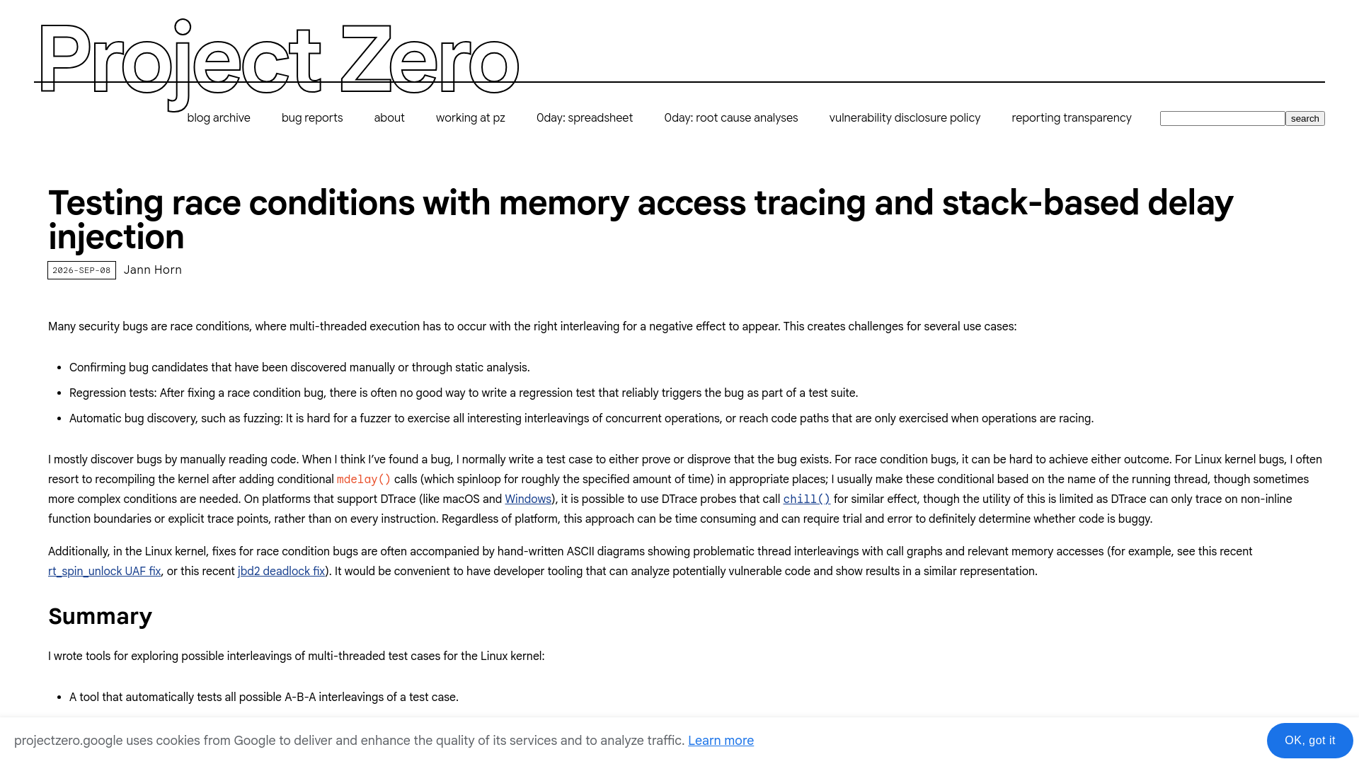 Testing race conditions with memory access tracing and stack-based delay injection - Project Zero