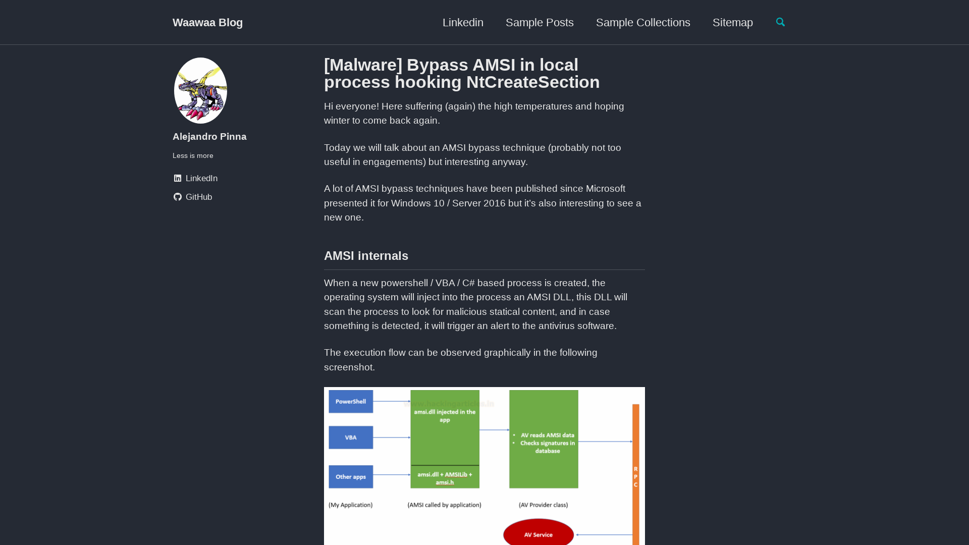 [Malware] Bypass AMSI in local process hooking NtCreateSection - Waawaa Blog