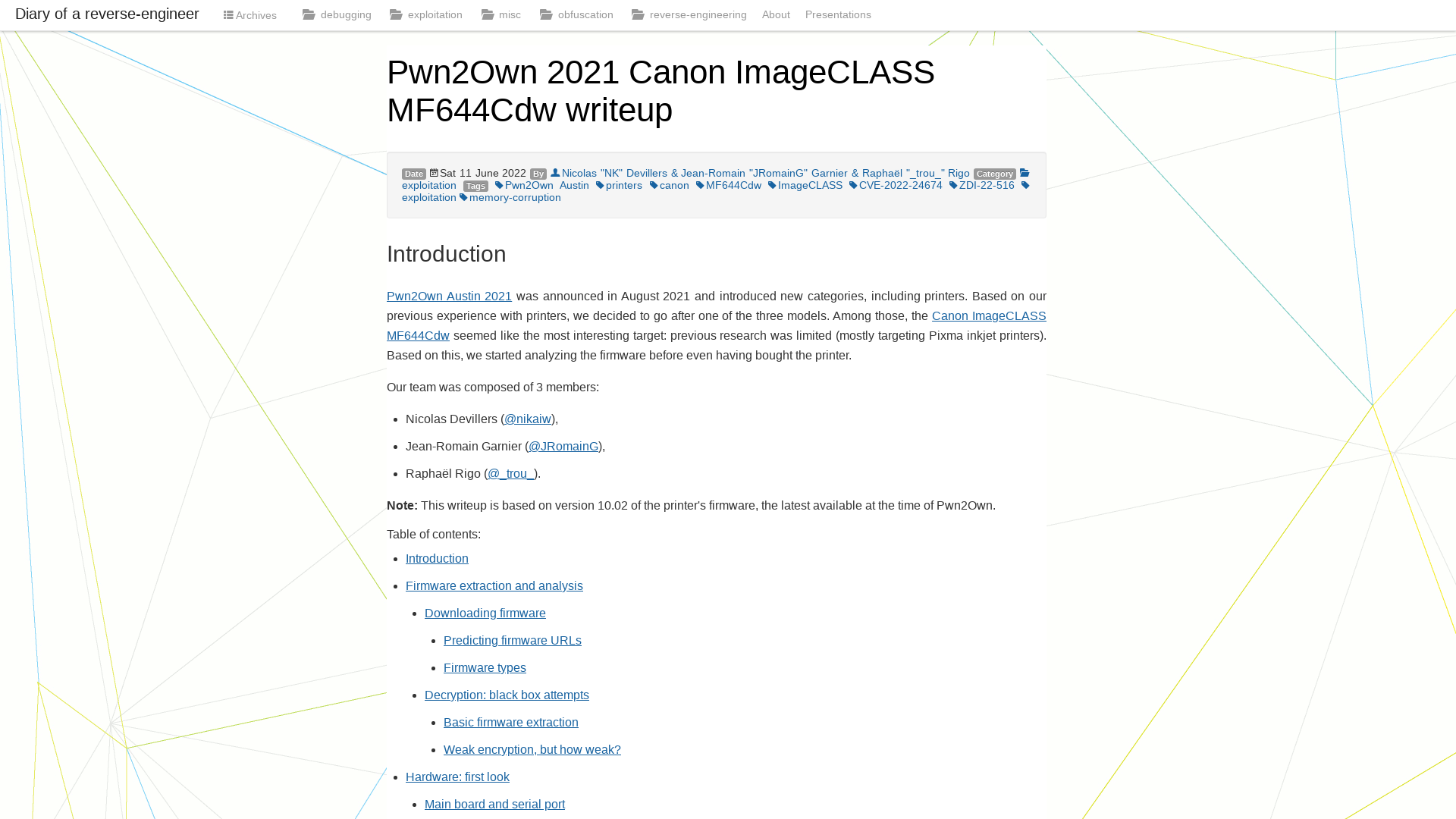 Pwn2Own 2021 Canon ImageCLASS MF644Cdw writeup