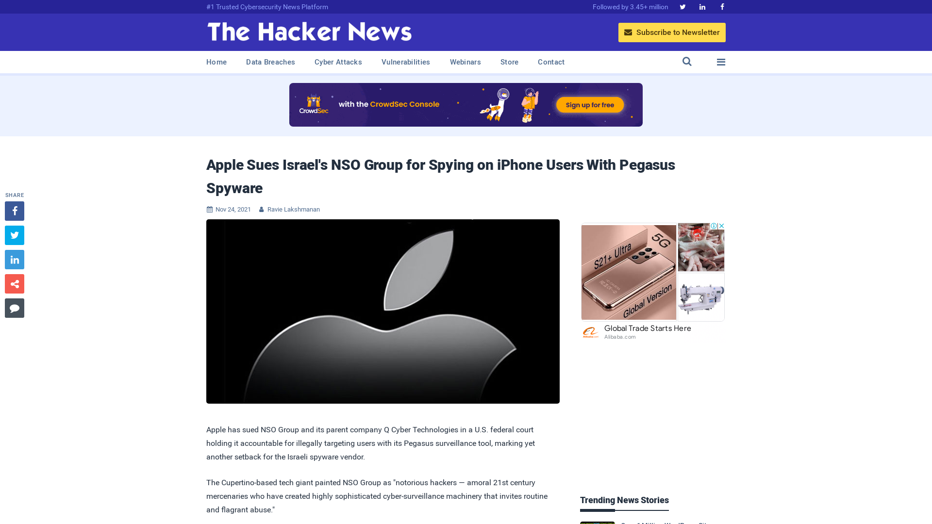 Apple Sues Israel's NSO Group for Spying on iPhone Users With Pegasus Spyware