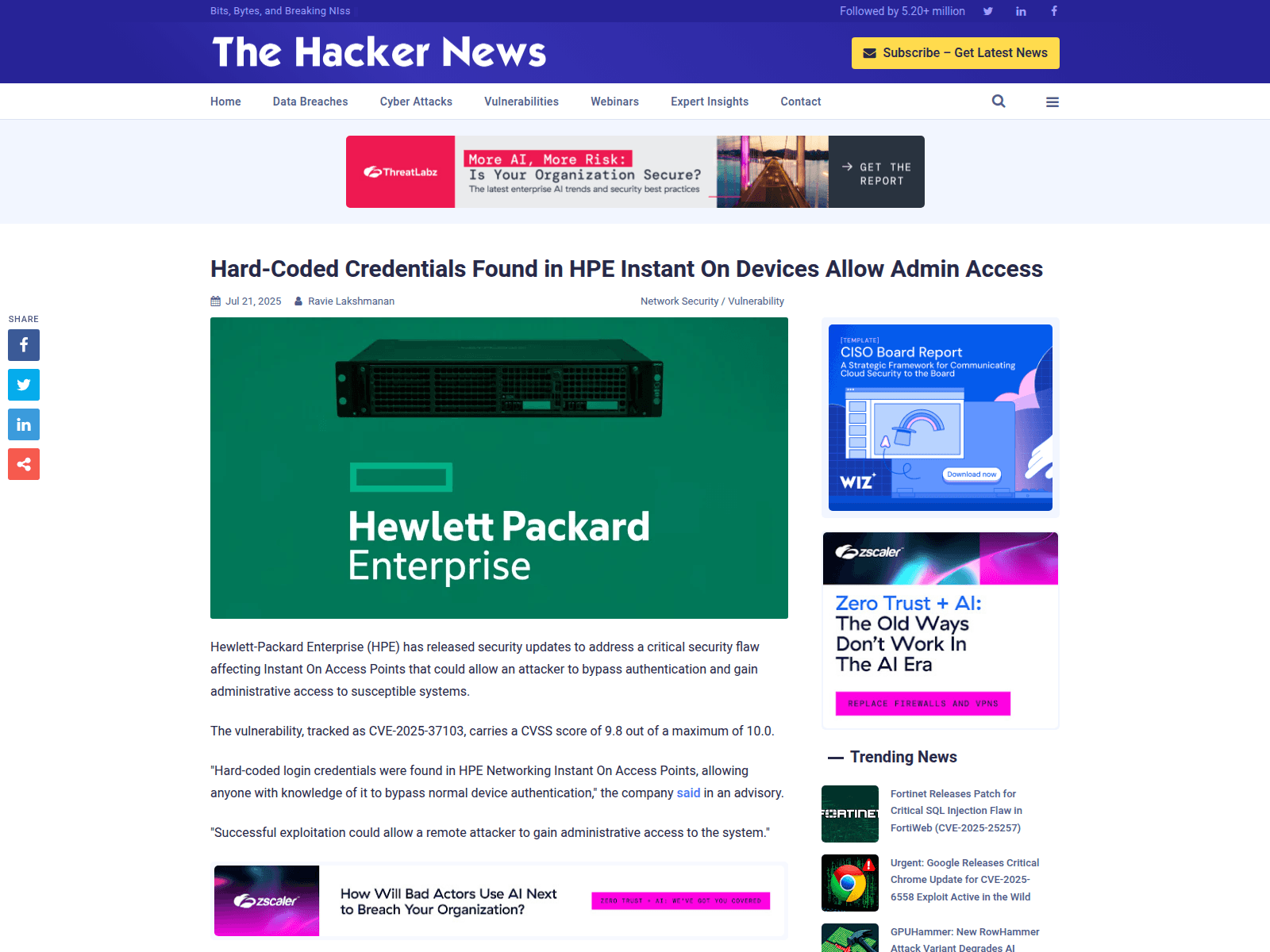 Hard-Coded Credentials Found in HPE Instant On Devices Allow Admin Access