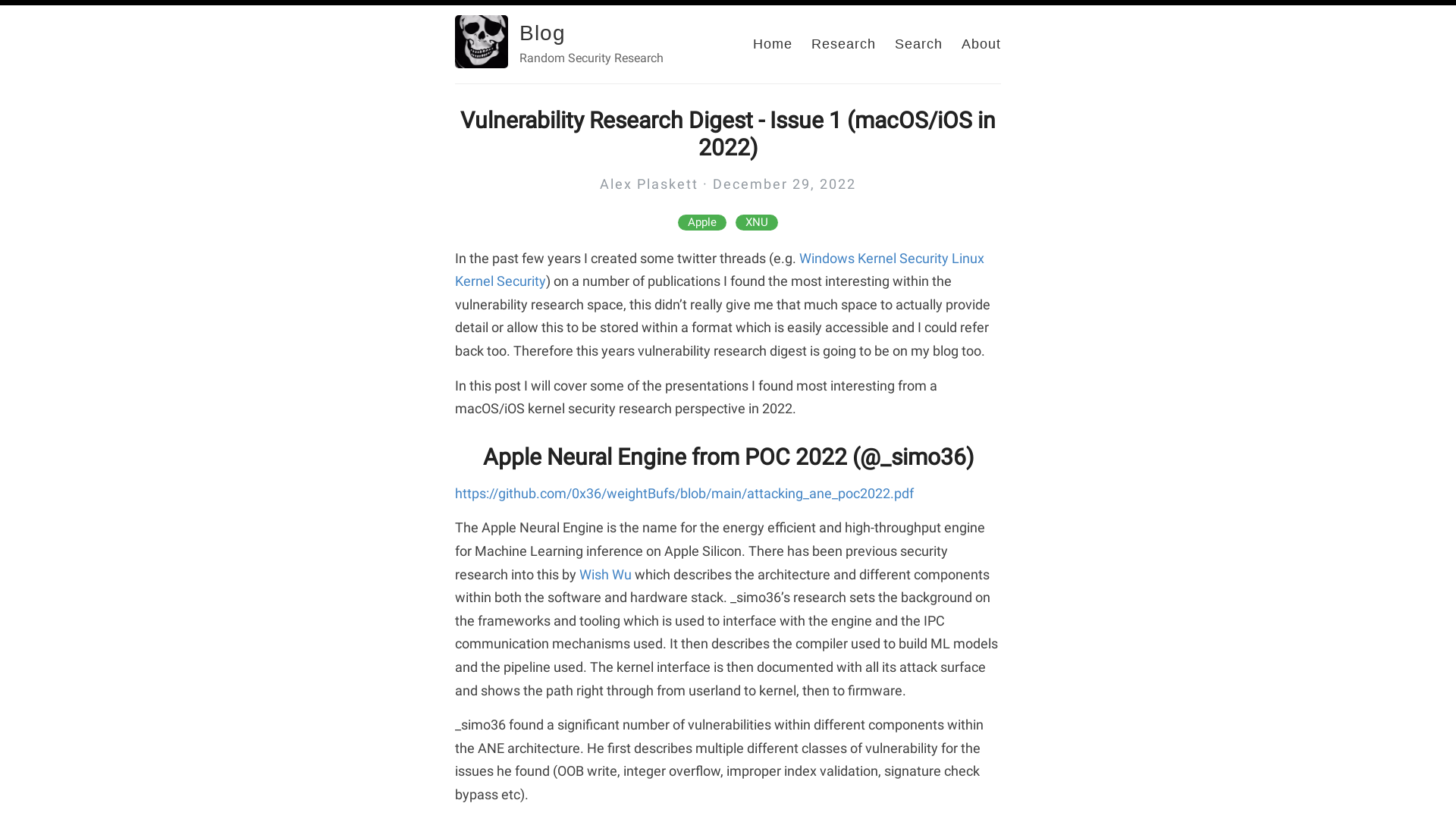 Vulnerability Research Digest - Issue 1 (macOS/iOS in 2022) – Blog – Random Security Research