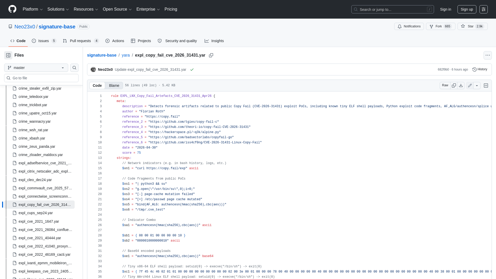 signature-base/yara/expl_copy_fail_cve_2026_31431.yar at master · Neo23x0/signature-base · GitHub