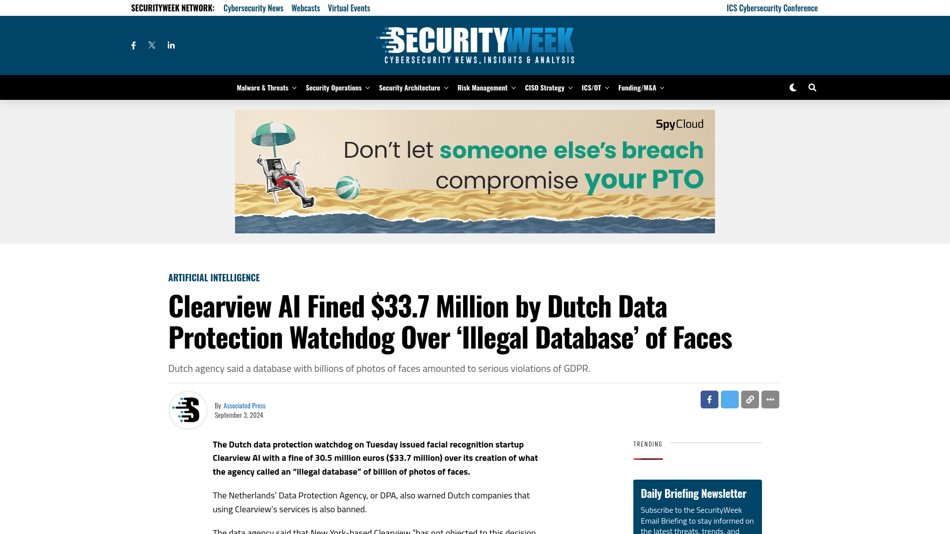 Clearview AI Fined $33.7 Million by Dutch Data Protection Watchdog Over ‘Illegal Database’ of Faces - SecurityWeek