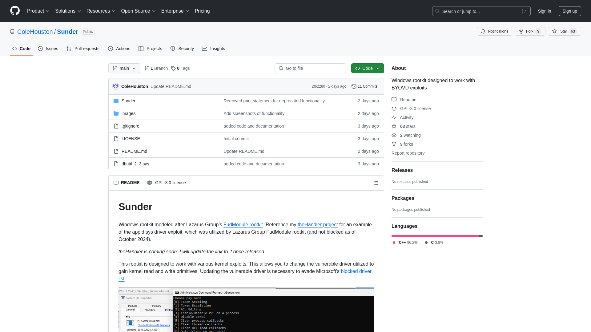 GitHub - ColeHouston/Sunder: Windows rootkit designed to work with BYOVD exploits