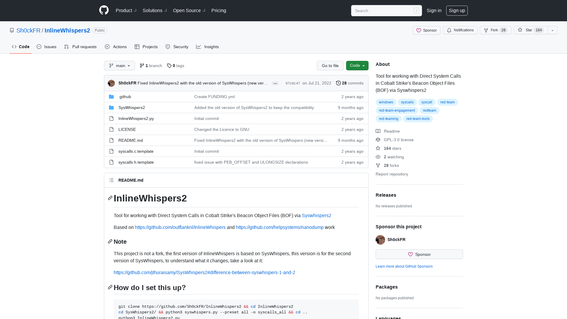 GitHub - Sh0ckFR/InlineWhispers2: Tool for working with Direct System Calls in Cobalt Strike's Beacon Object Files (BOF) via Syswhispers2