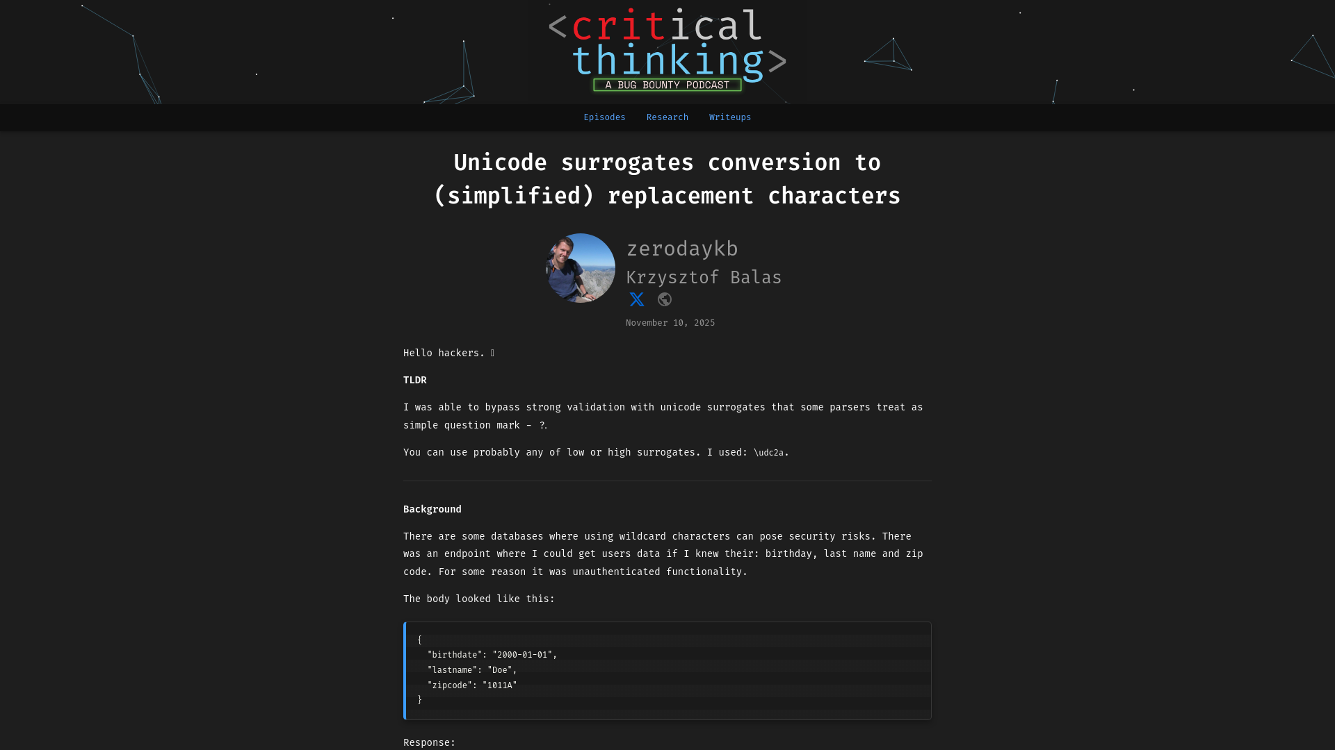 Unicode surrogates conversion to (simplified) replacement characters | Critical Thinking - Bug Bounty Podcast