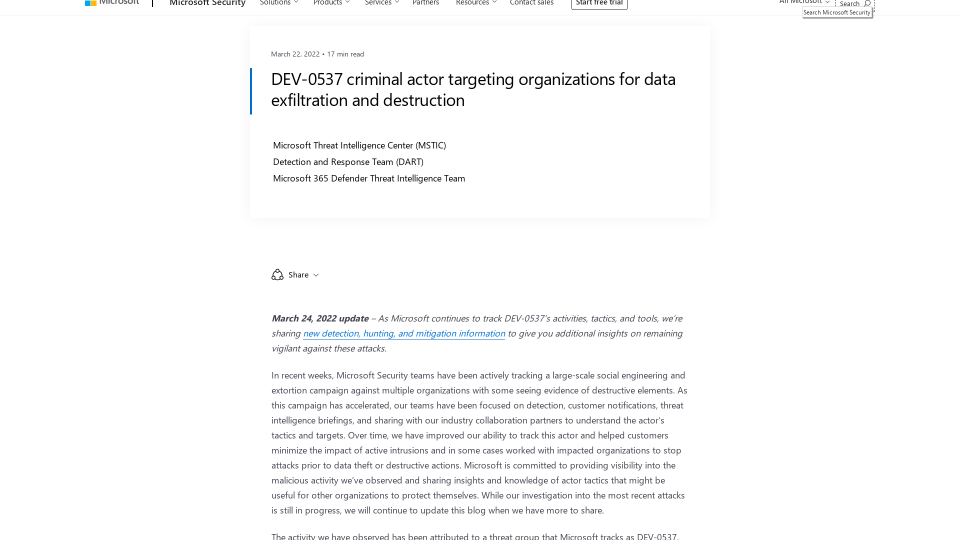 DEV-0537 criminal actor targeting organizations for data exfiltration and destruction - Microsoft Security Blog