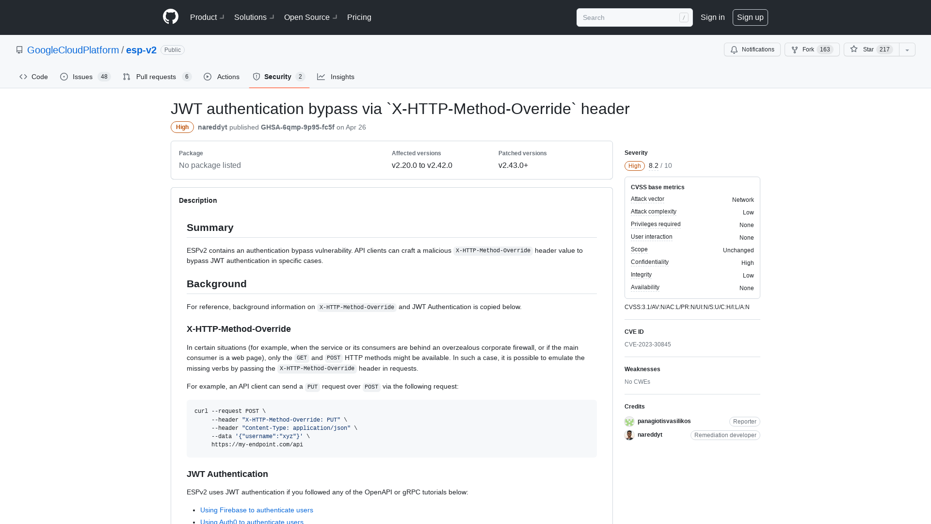 JWT authentication bypass via `X-HTTP-Method-Override` header · Advisory · GoogleCloudPlatform/esp-v2 · GitHub