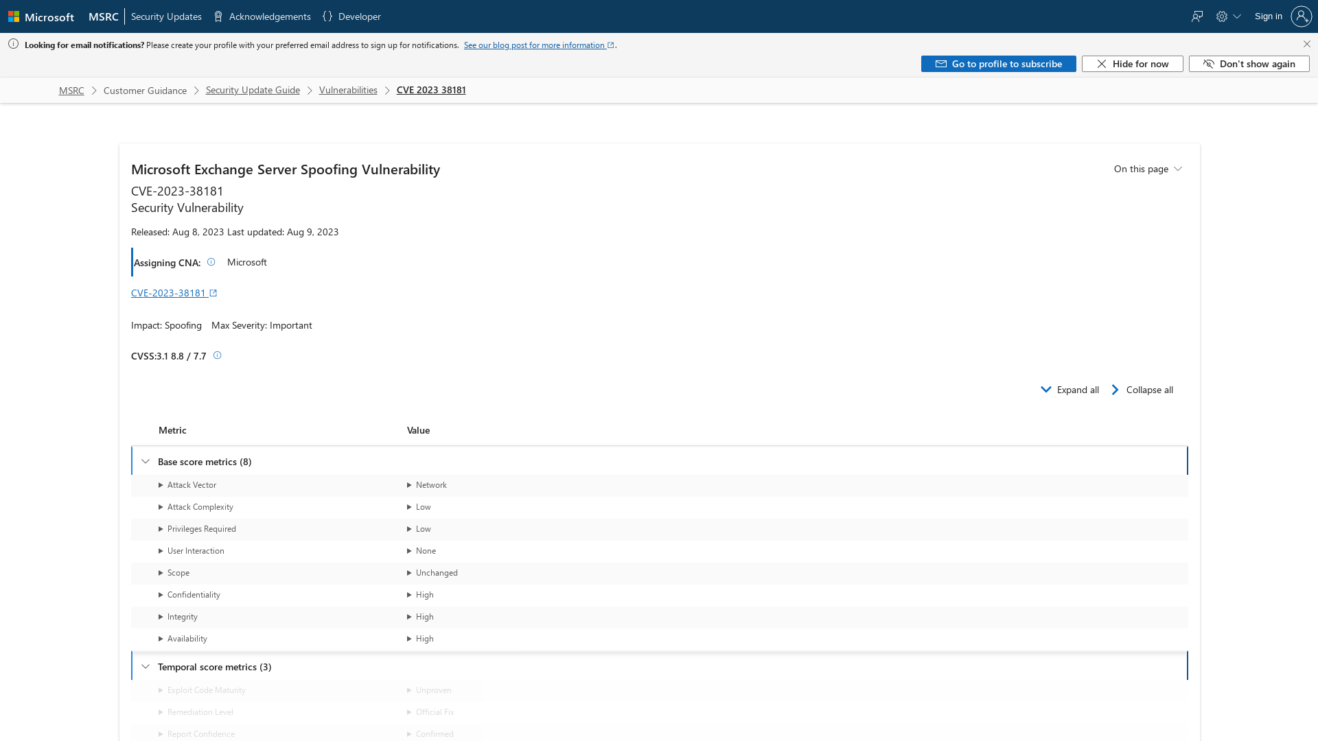 CVE-2023-38181 - Security Update Guide - Microsoft - Microsoft Exchange Server Spoofing Vulnerability