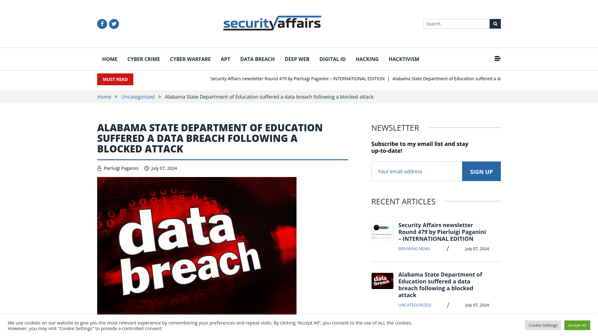 Alabama State Department of Education suffered a data breach following a blocked attack