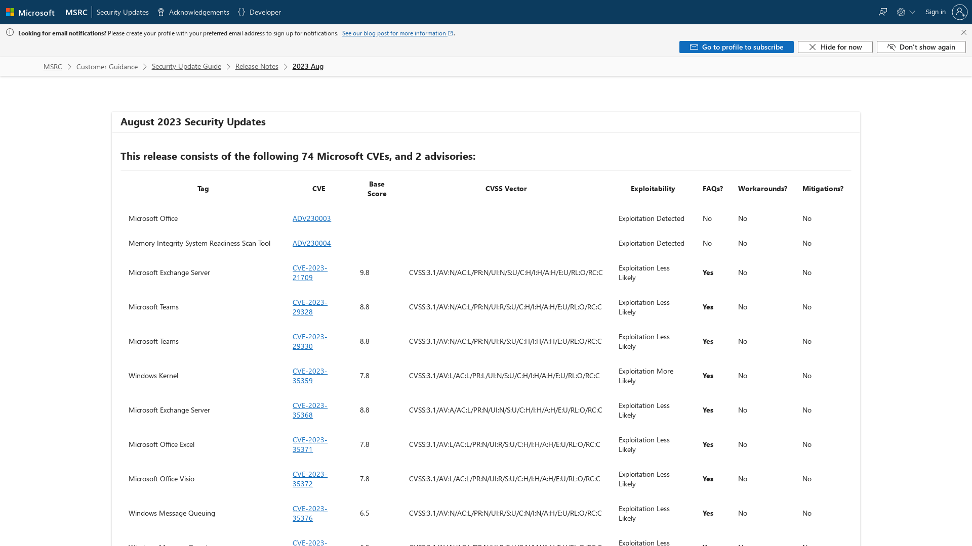 August 2023 Security Updates - Release Notes - Security Update Guide - Microsoft
