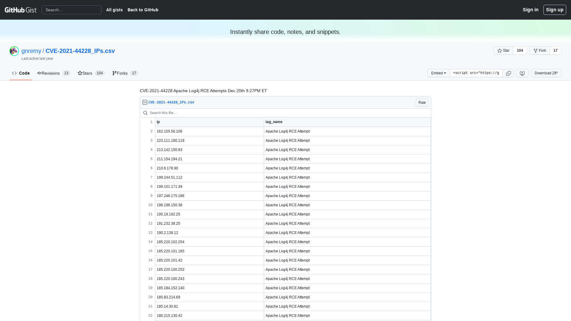 CVE-2021-44228 Apache Log4j RCE Attempts Dec 20th 9:27PM ET · GitHub