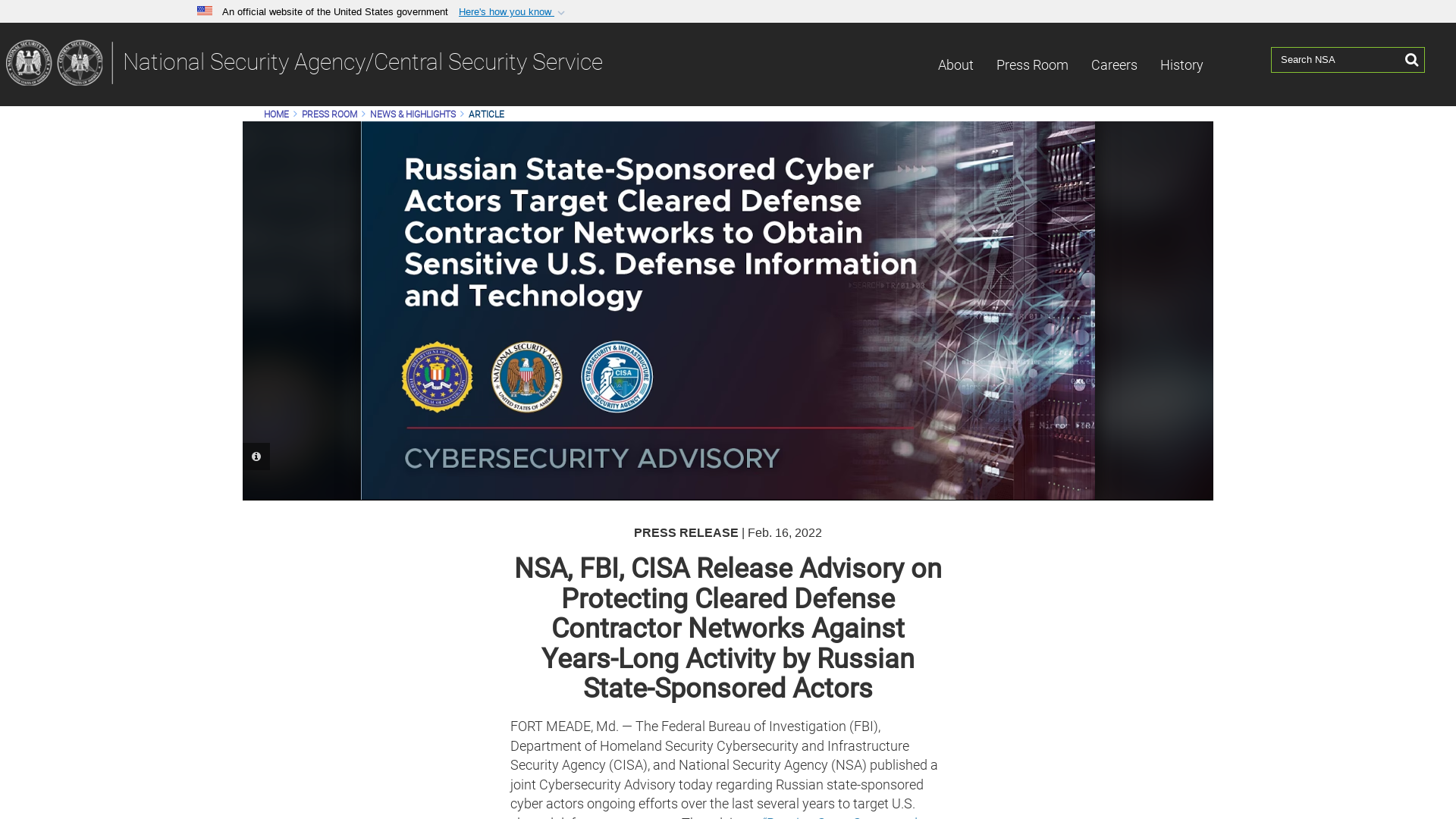 NSA, FBI, CISA Release Advisory on Protecting Cleared Defense Contractor Networks Against Years-Long Activity by Russian State-Sponsored Actors > National Security Agency/Central Security Service > Article
