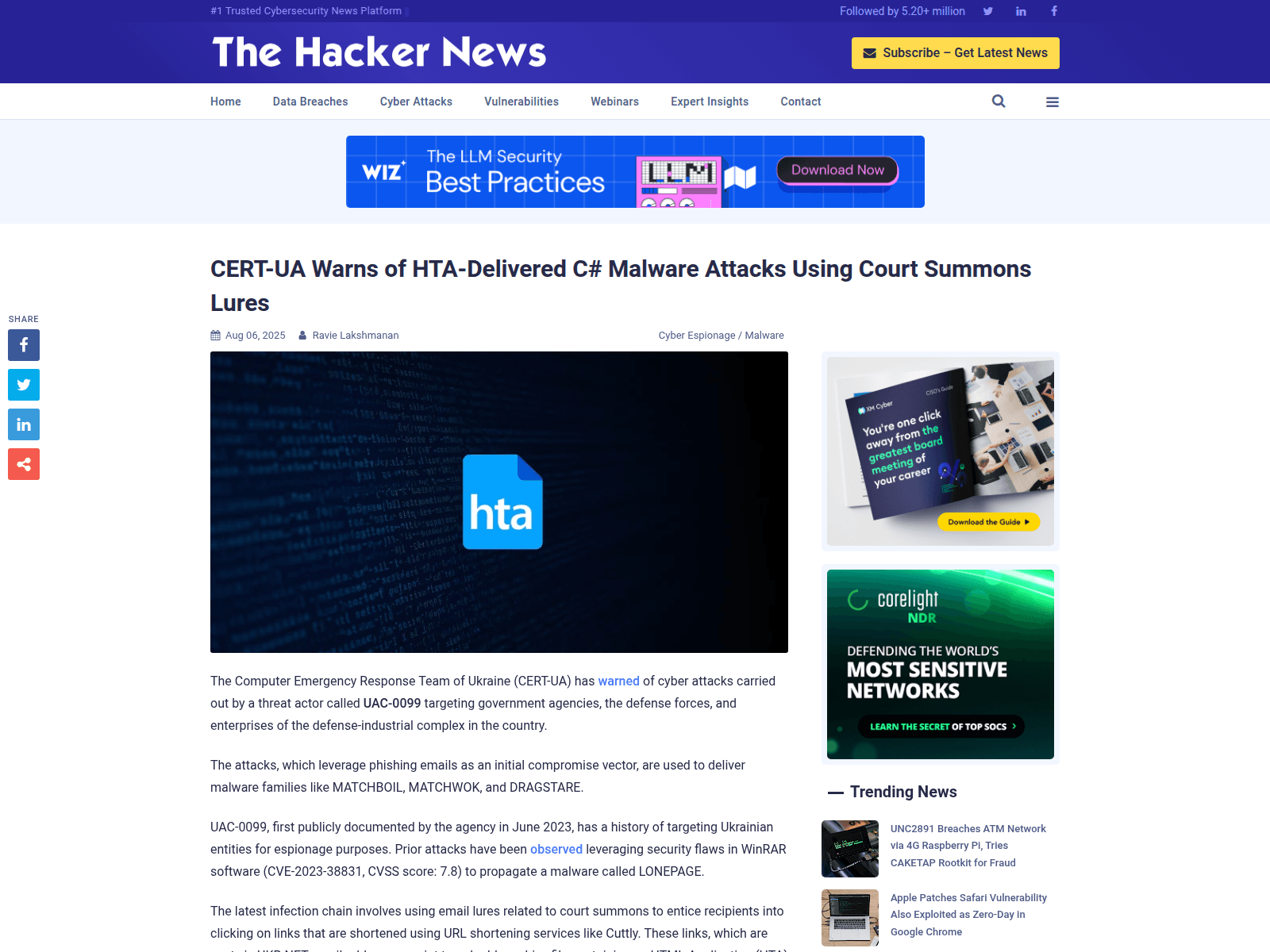 CERT-UA Warns of HTA-Delivered C# Malware Attacks Using Court Summons Lures