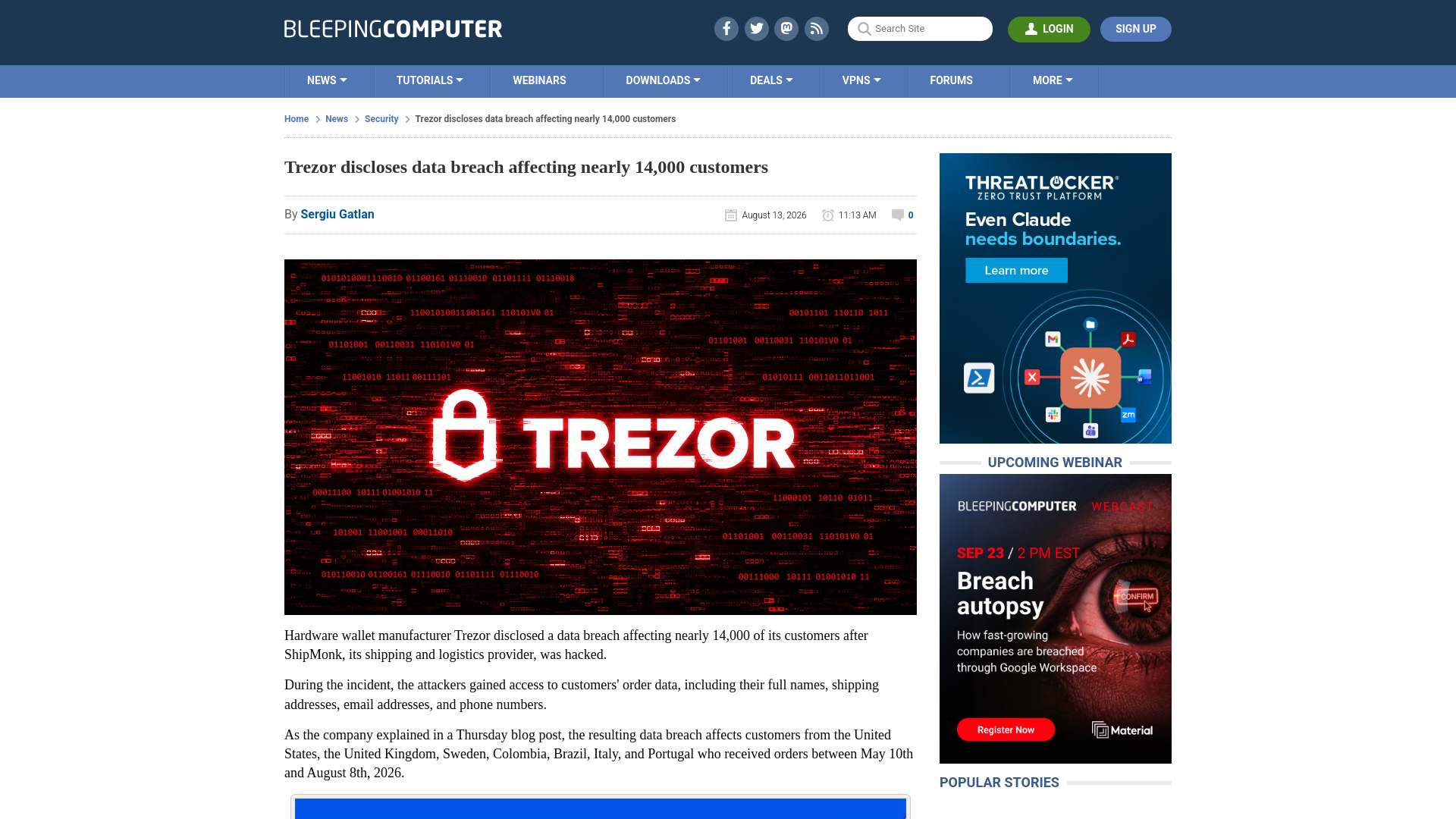 Trezor discloses data breach affecting nearly 14,000 customers