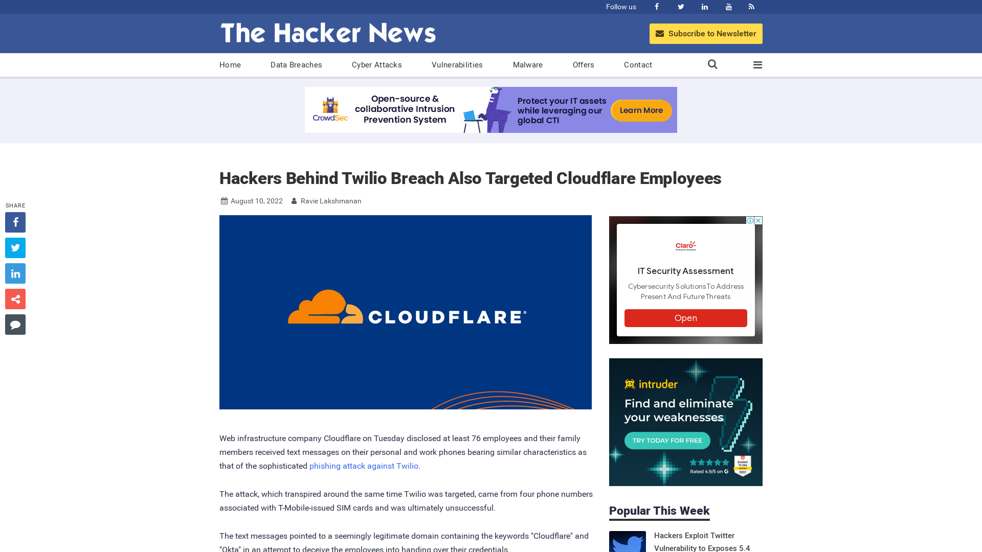 Hackers Behind Twilio Breach Also Targeted Cloudflare Employees