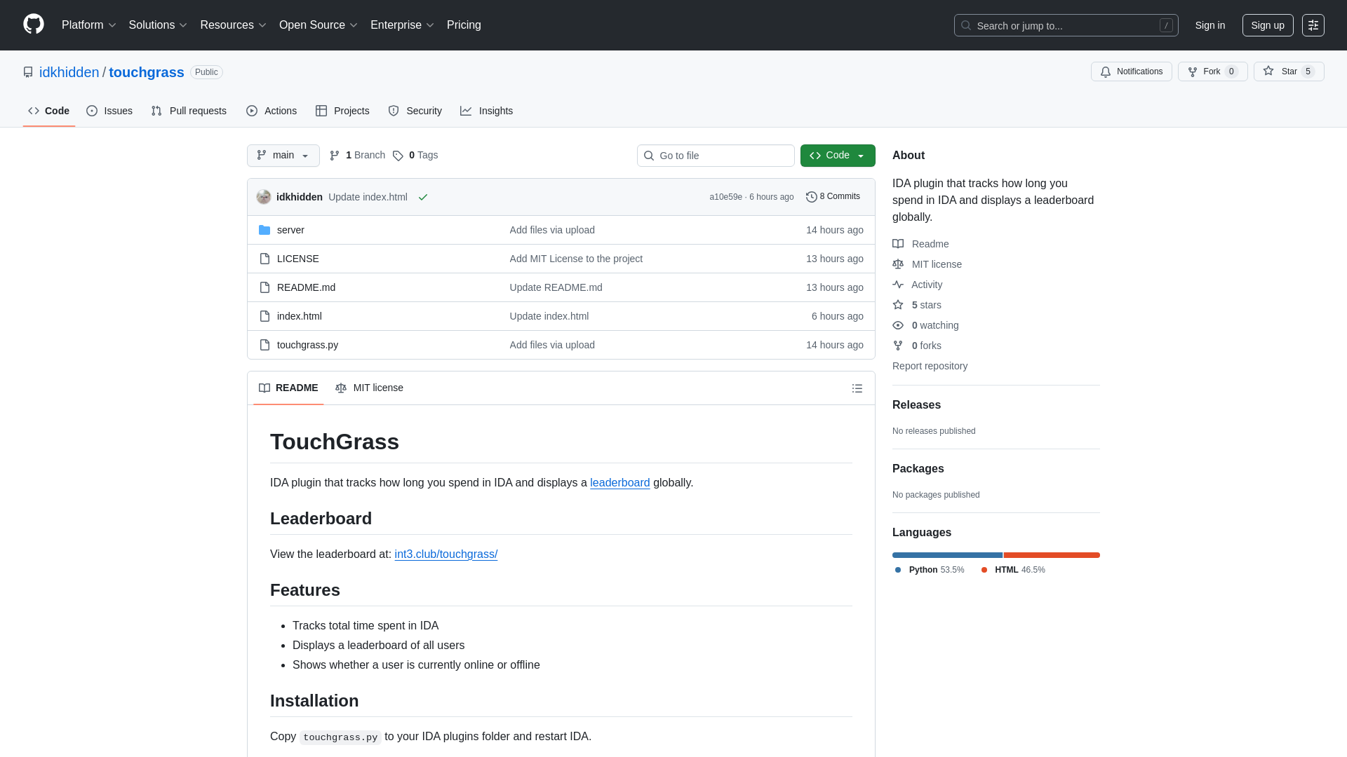 GitHub - idkhidden/touchgrass: IDA plugin that tracks how long you spend in IDA and displays a leaderboard globally.