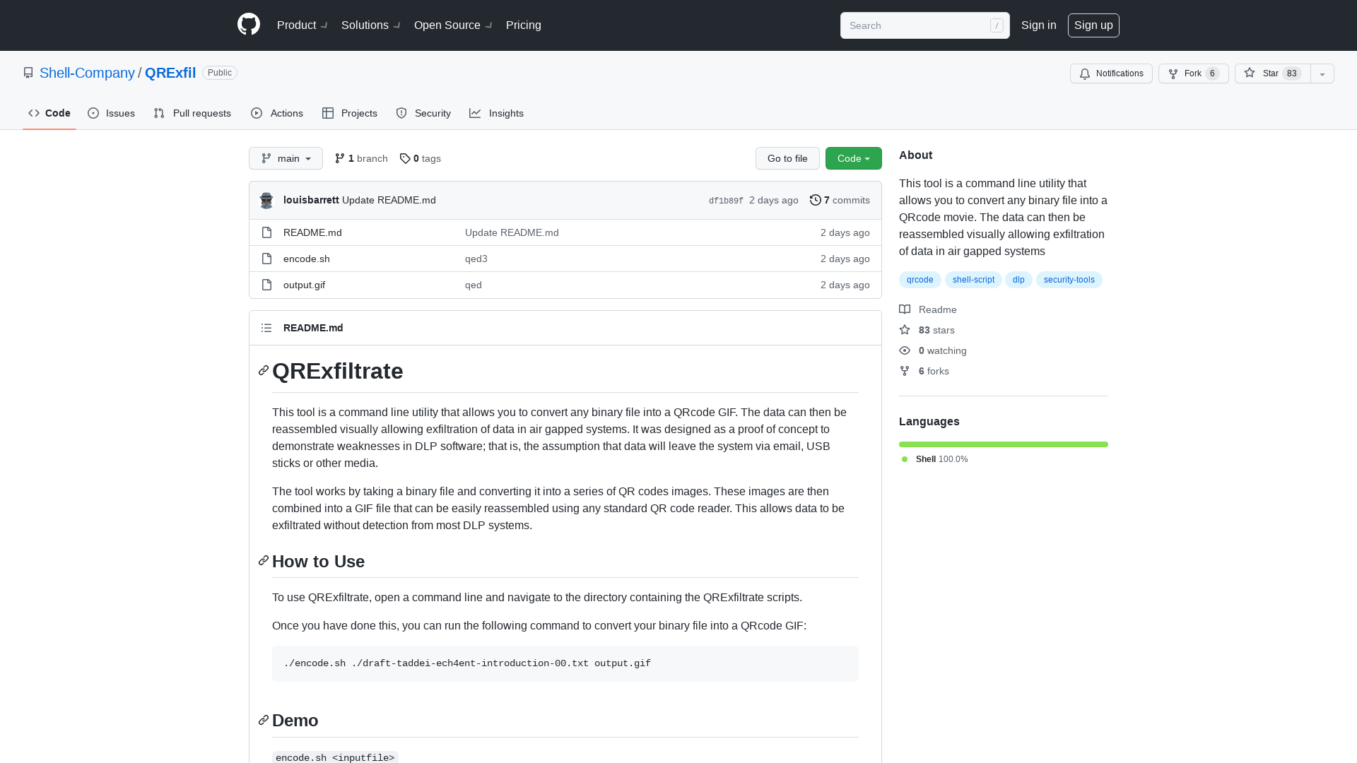 GitHub - Shell-Company/QRExfil: This tool is a command line utility that allows you to convert any binary file into a QRcode movie. The data can then be reassembled visually allowing exfiltration of data in air gapped systems