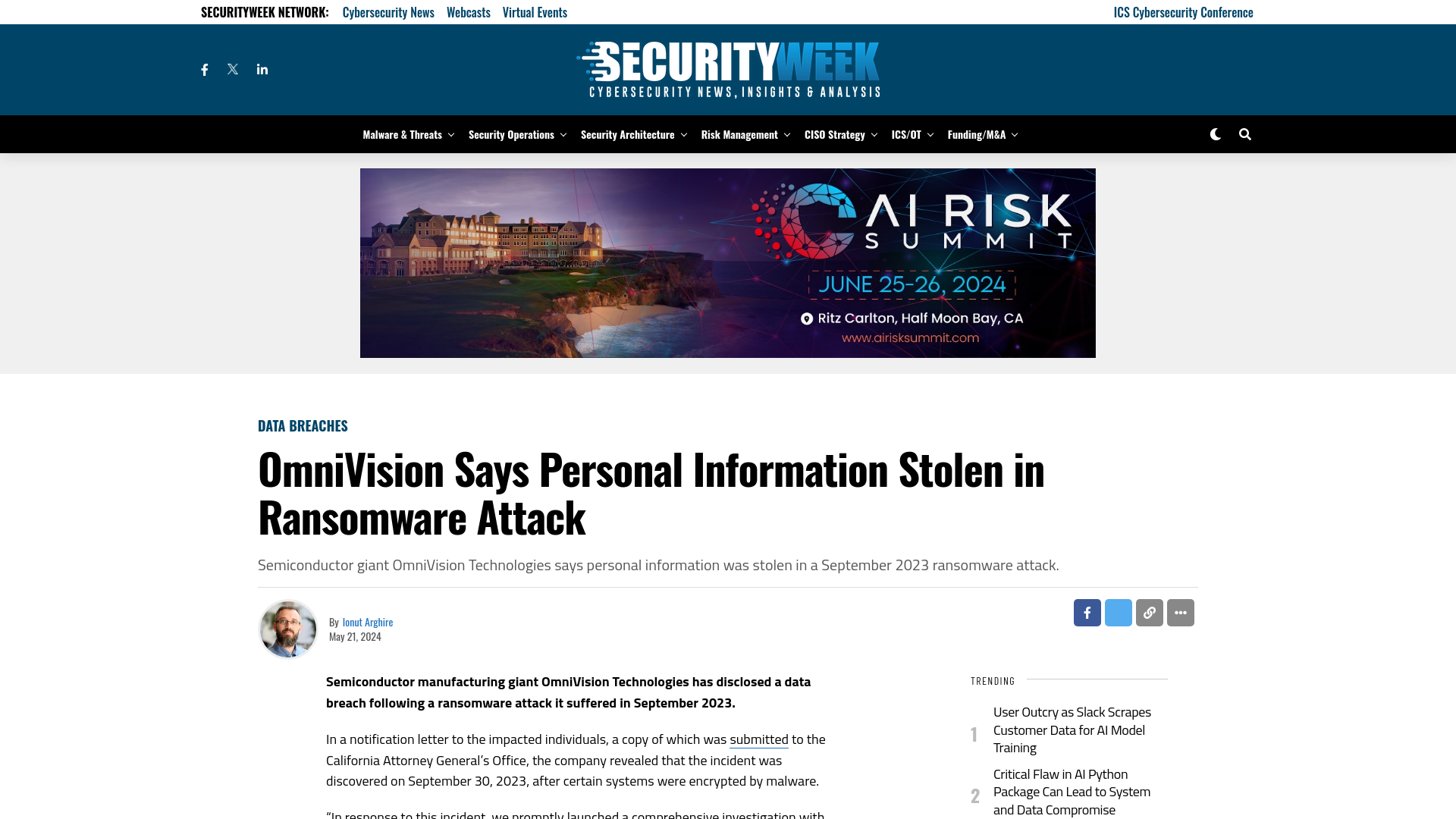 OmniVision Says Personal Information Stolen in Ransomware Attack - SecurityWeek