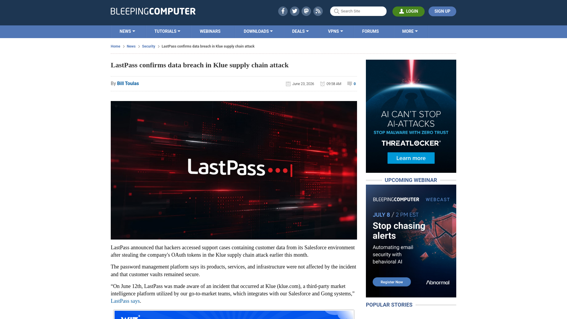 LastPass confirms data breach in Klue supply chain attack