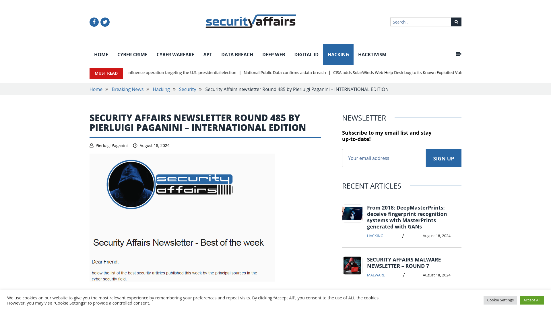 Security Affairs newsletter Round 485 by Pierluigi Paganini – INTERNATIONAL EDITION