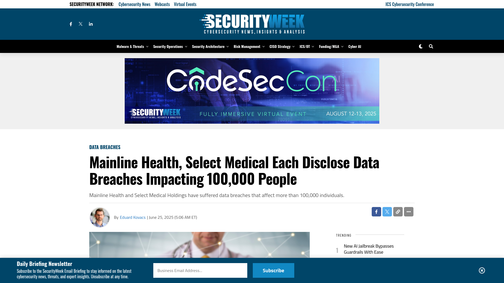 Mainline Health, Select Medical Each Disclose Data Breaches Impacting 100,000 People - SecurityWeek