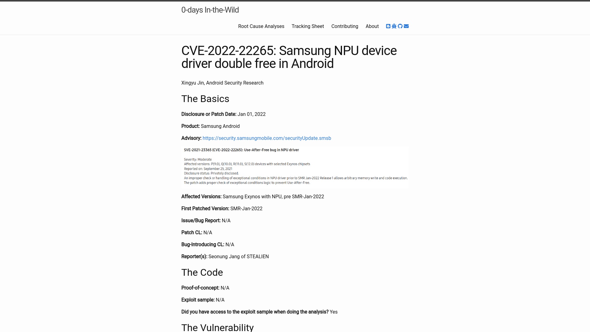 CVE-2022-22265: Samsung NPU device driver double free in Android | 0-days In-the-Wild