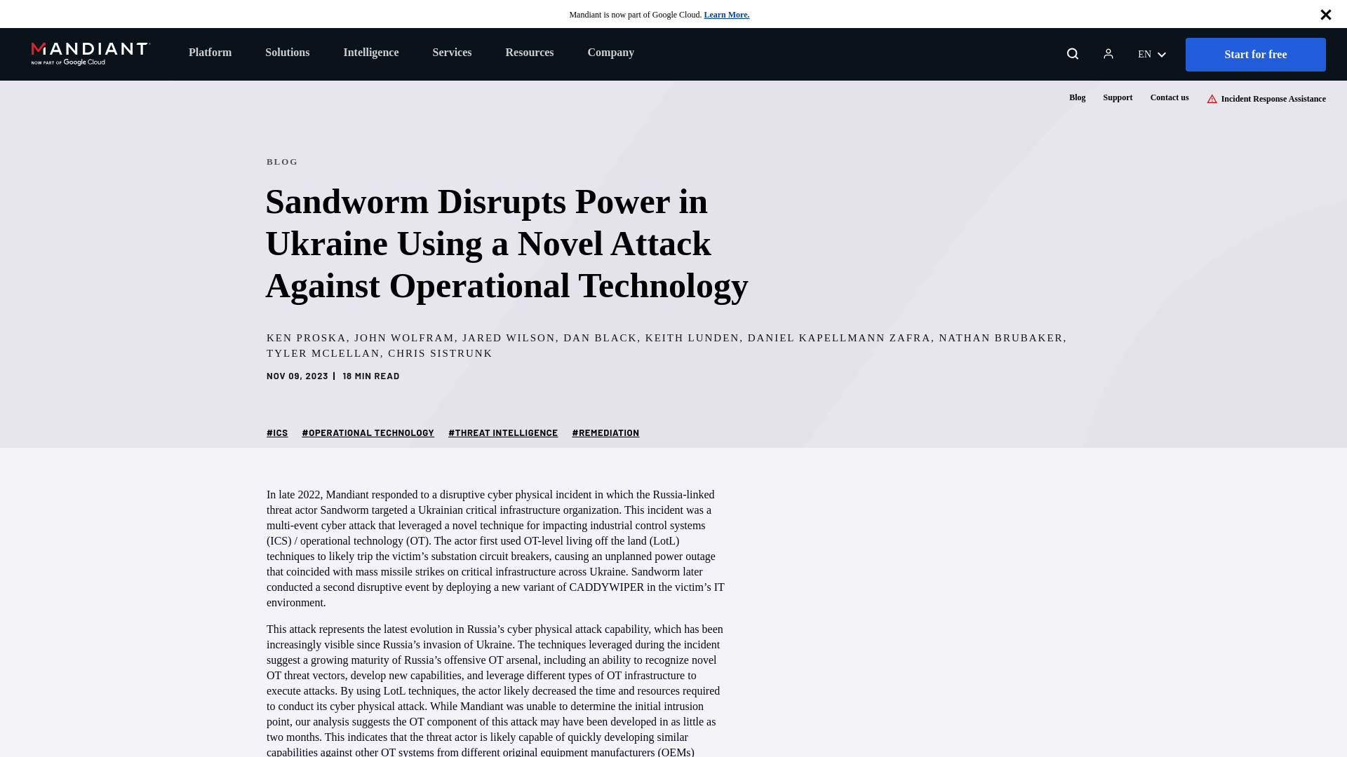 Sandworm Disrupts Power in Ukraine Using a Novel Attack Against Operational Technology | Mandiant