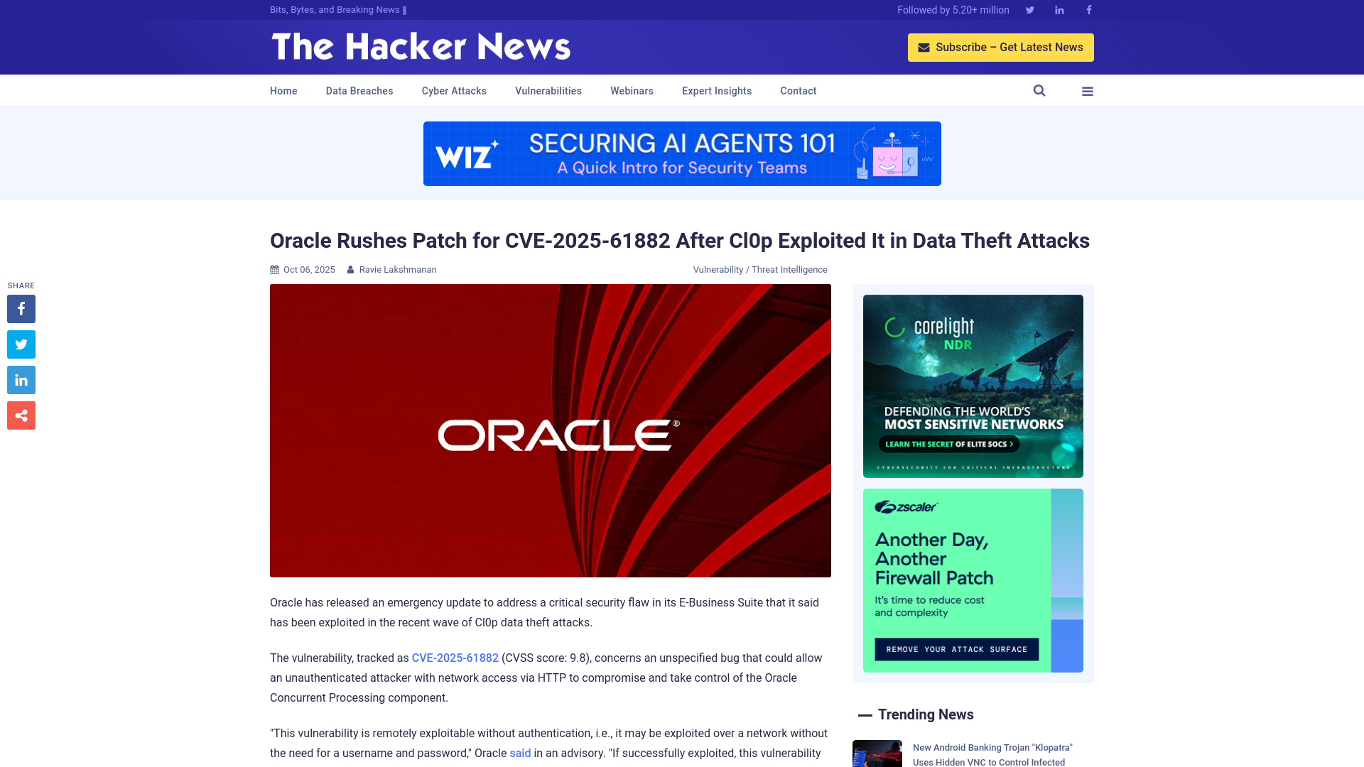 Oracle Rushes Patch for CVE-2025-61882 After Cl0p Exploited It in Data Theft Attacks