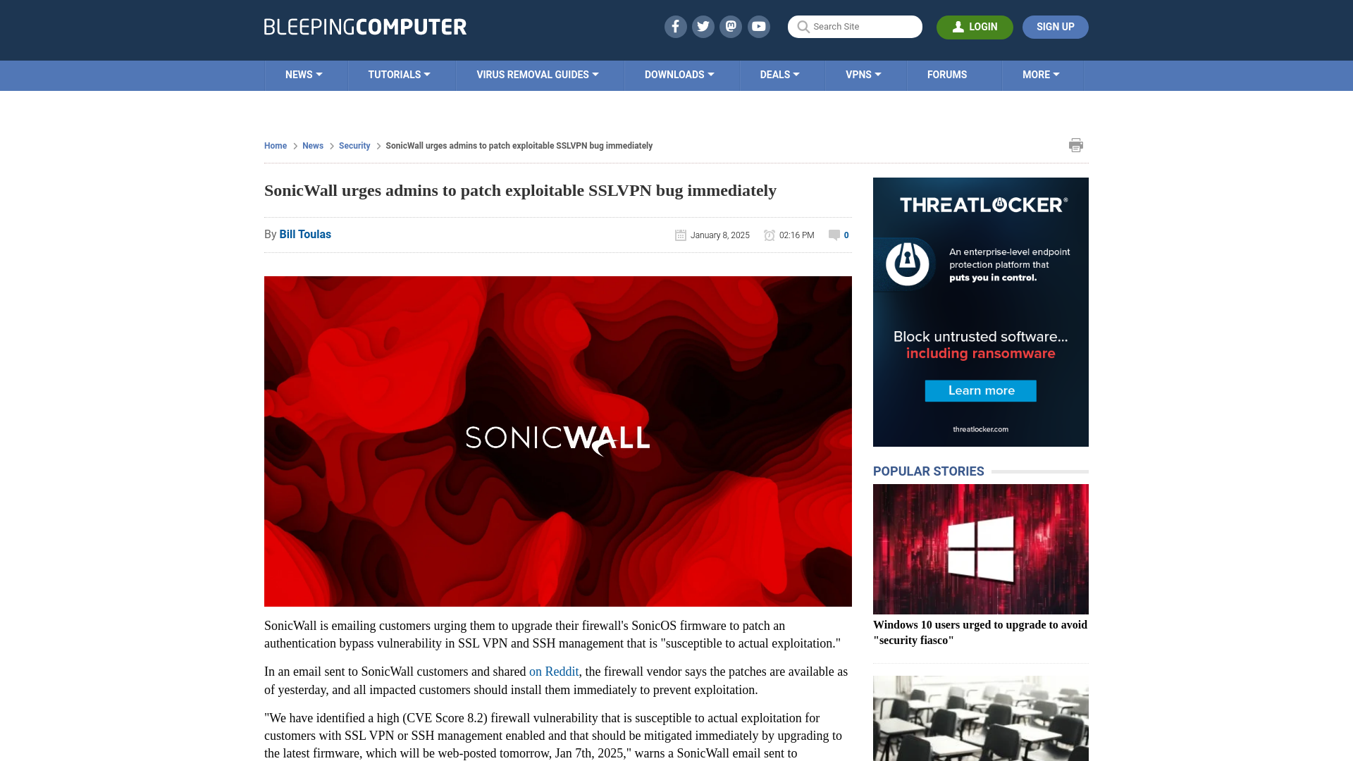 SonicWall urges admins to patch exploitable SSLVPN bug immediately