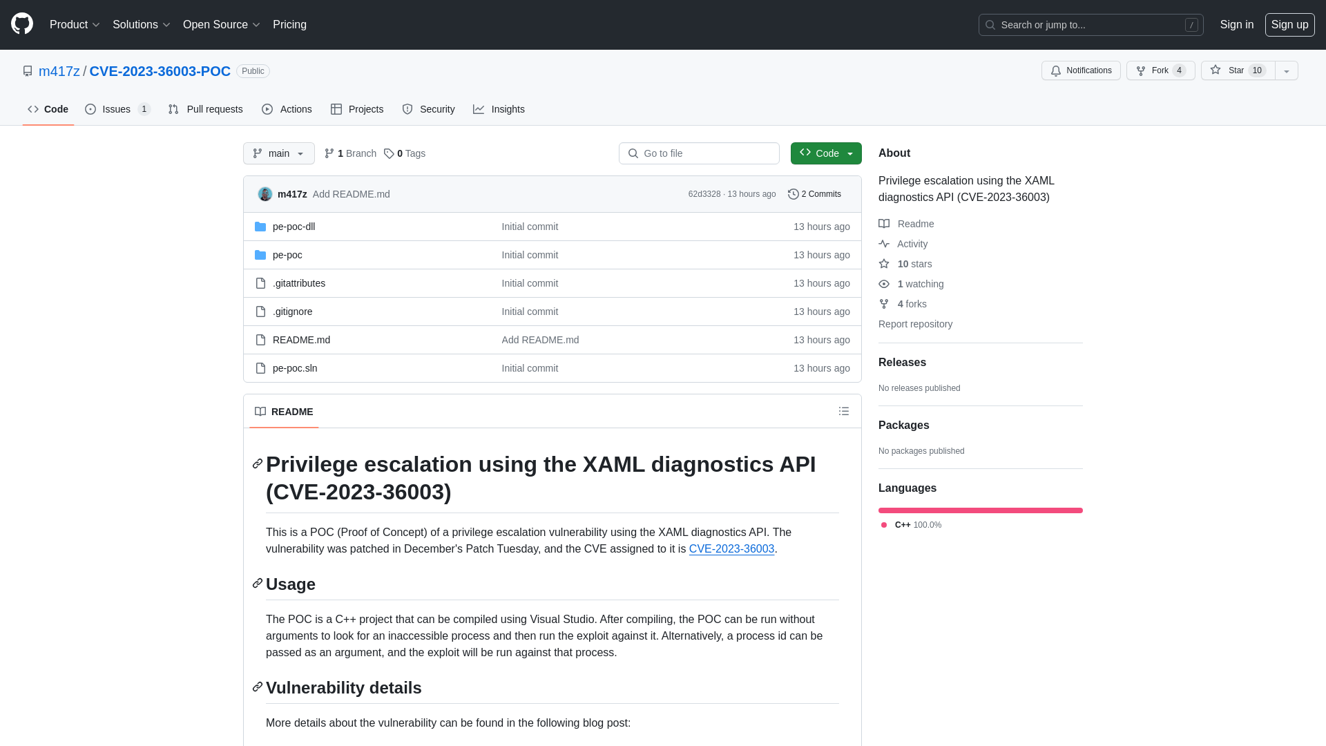 GitHub - m417z/CVE-2023-36003-POC: Privilege escalation using the XAML diagnostics API (CVE-2023-36003)