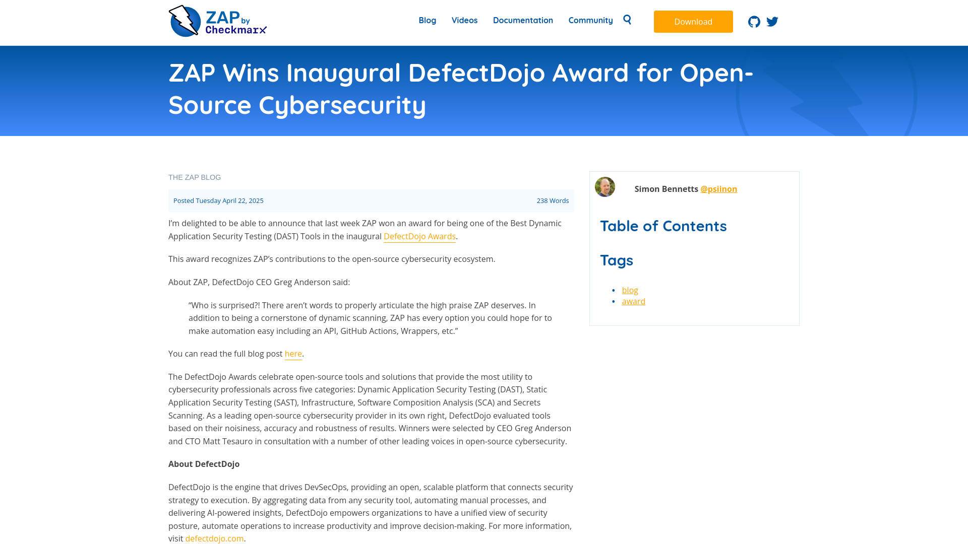 ZAP – ZAP Wins Inaugural DefectDojo Award for Open-Source Cybersecurity