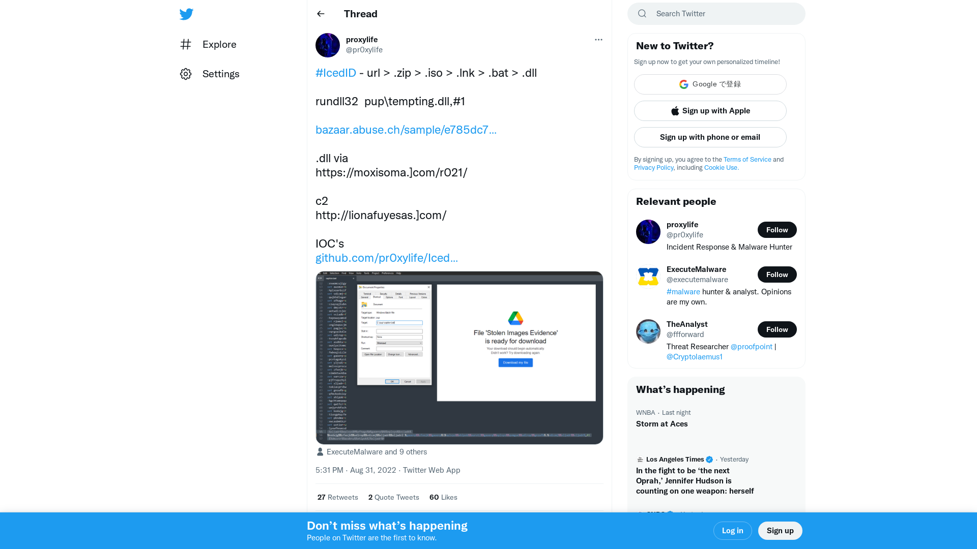 proxylife on Twitter: "#IcedID - url > .zip > .iso > .lnk > .bat > .dll rundll32 pup\tempting.dll,#1 https://t.co/85Og2hKFYH .dll via https://moxisoma.]com/r021/ c2 http://lionafuyesas.]com/ IOC's https://t.co/PK1ekxXk5I https://t.co/jPFqL2x5SR" / Twitter