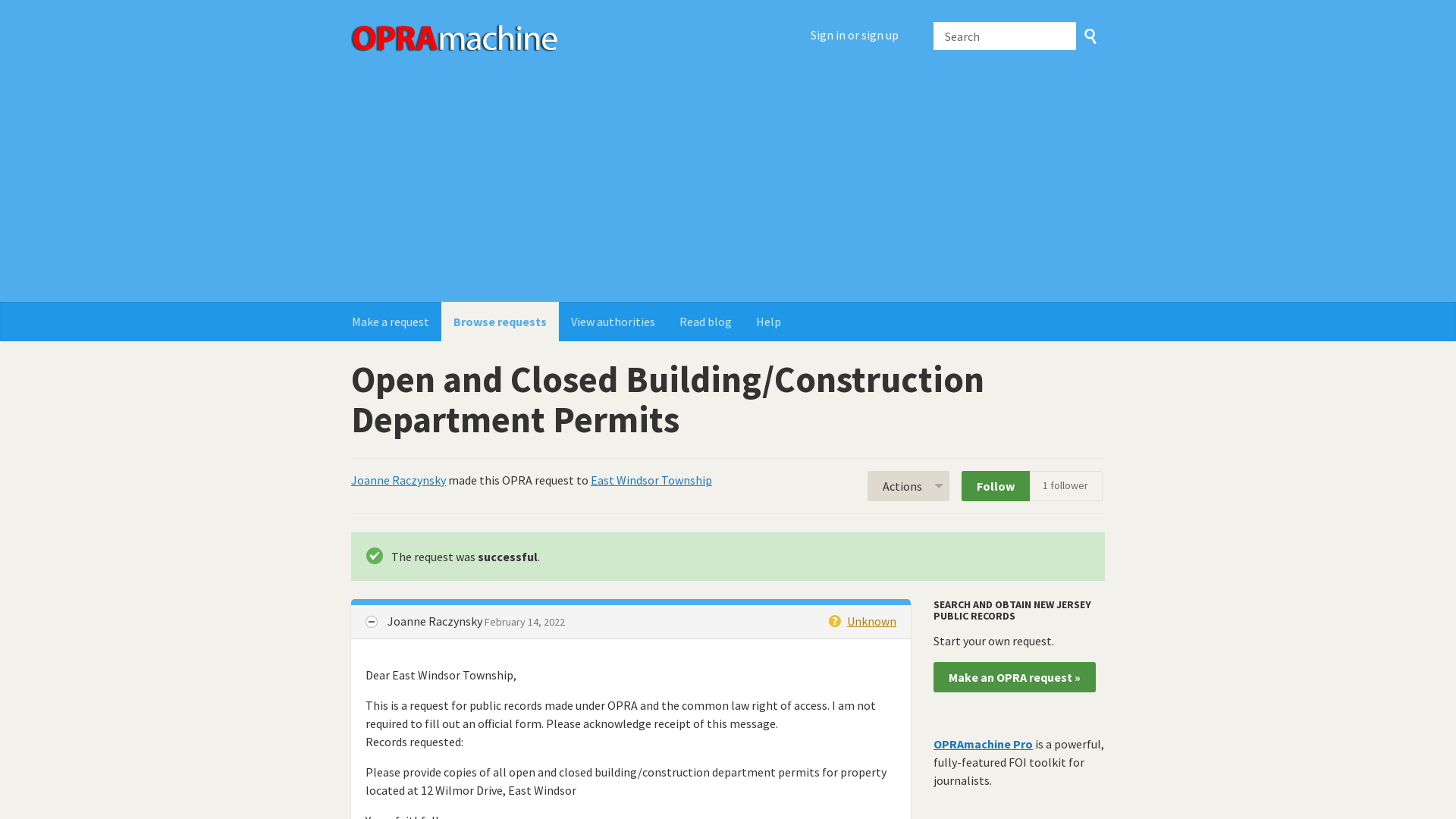 Open and Closed Building/Construction Department Permits - an Open Public Records Act request to East Windsor Township - OPRAmachine