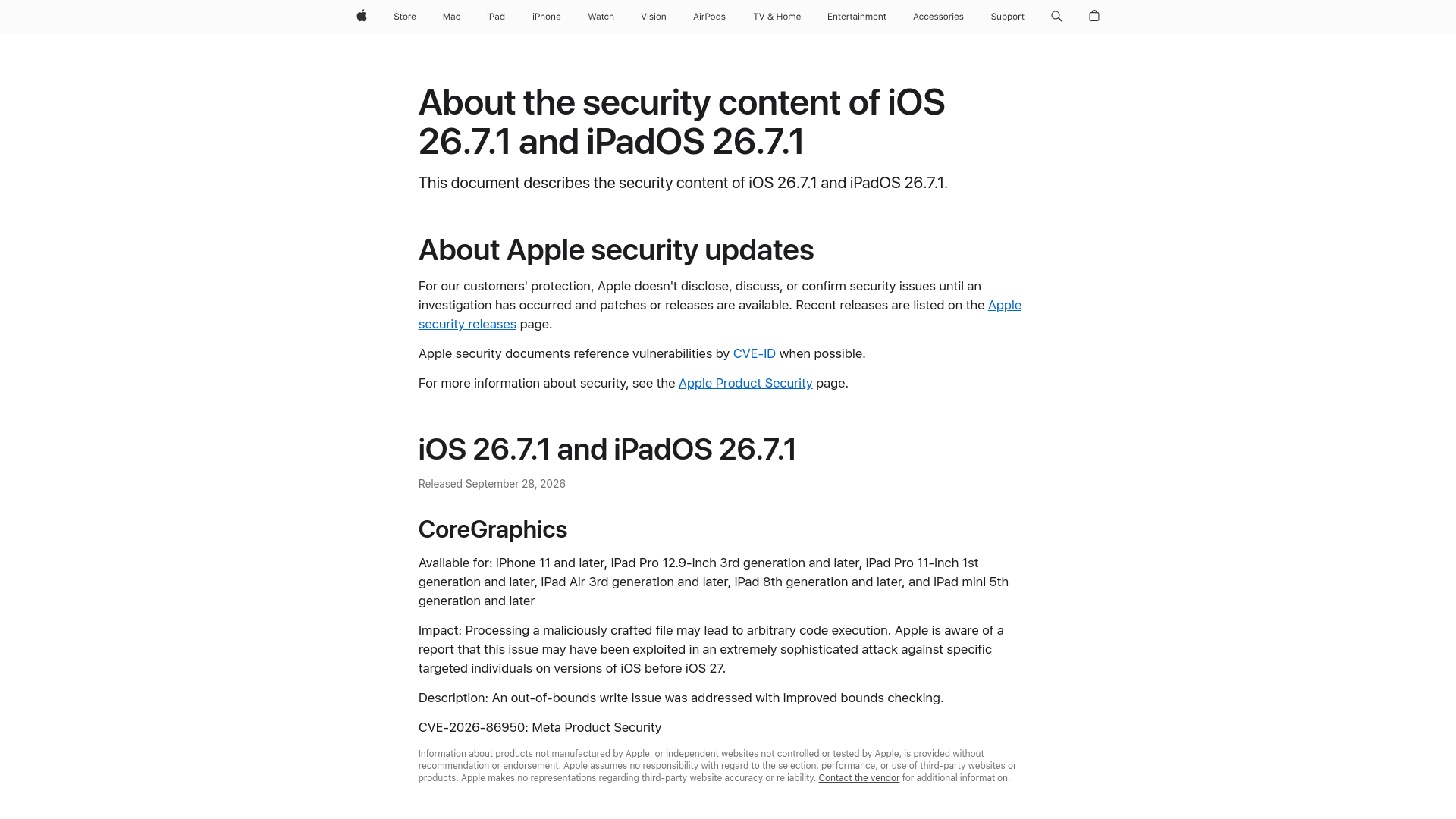 About the security content of iOS 26.7.1 and iPadOS 26.7.1 - Apple Support
