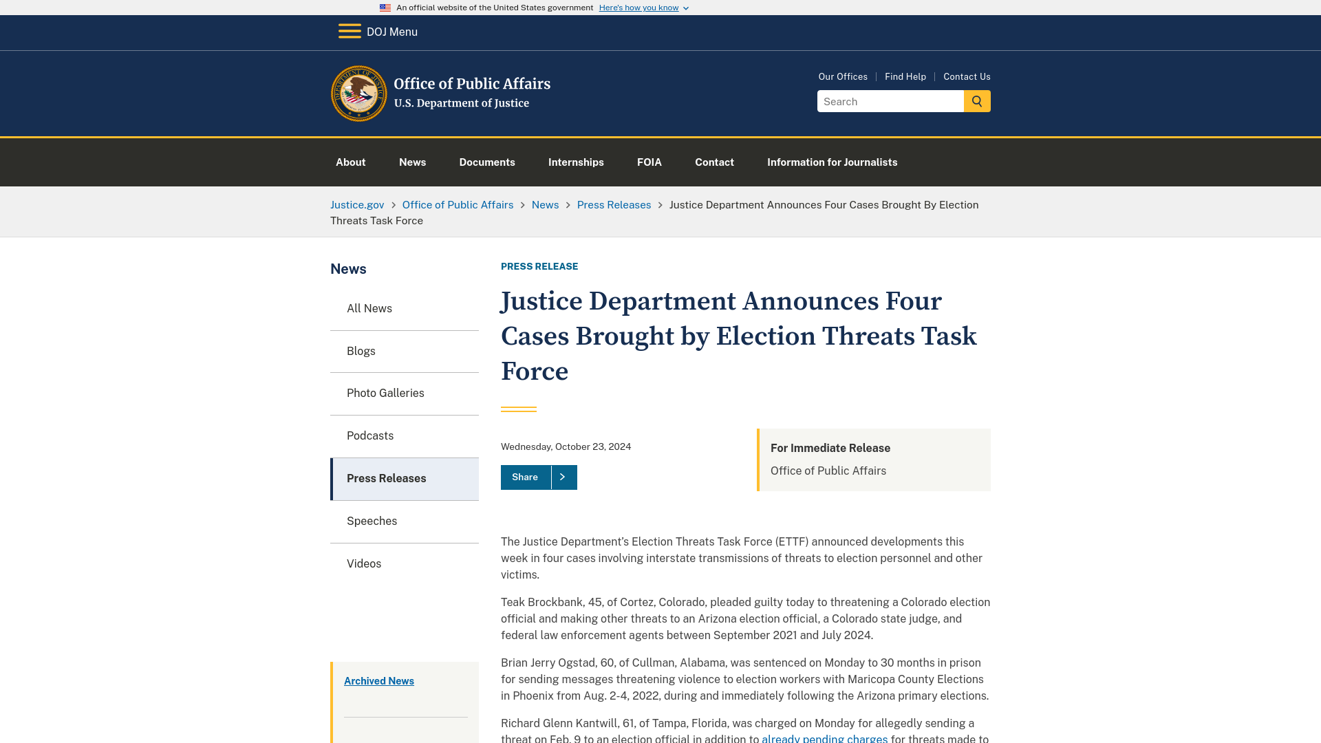 Office of Public Affairs | Justice Department Announces Four Cases Brought by Election Threats Task Force | United States Department of Justice