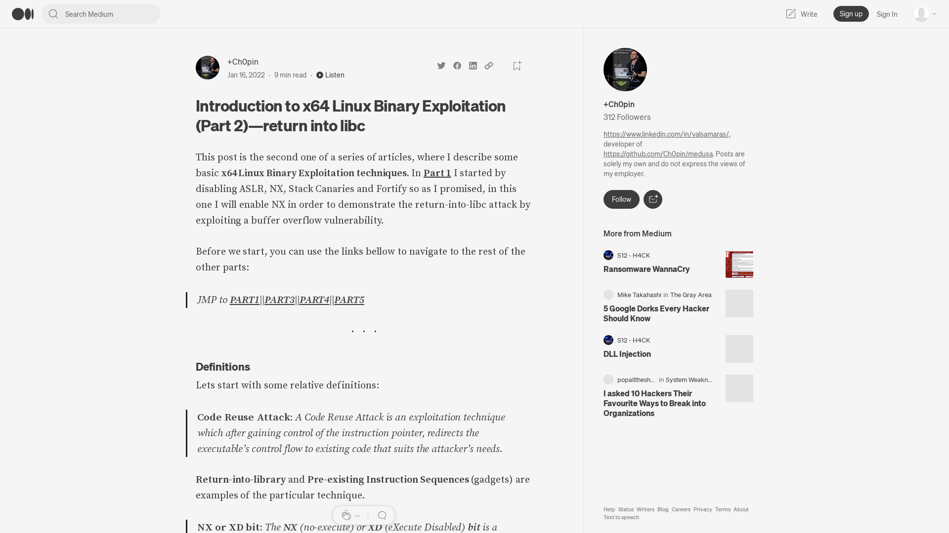 Introduction to x64 Linux Binary Exploitation (Part 2)—return into libc | by +Ch0pin🕷️ | Medium