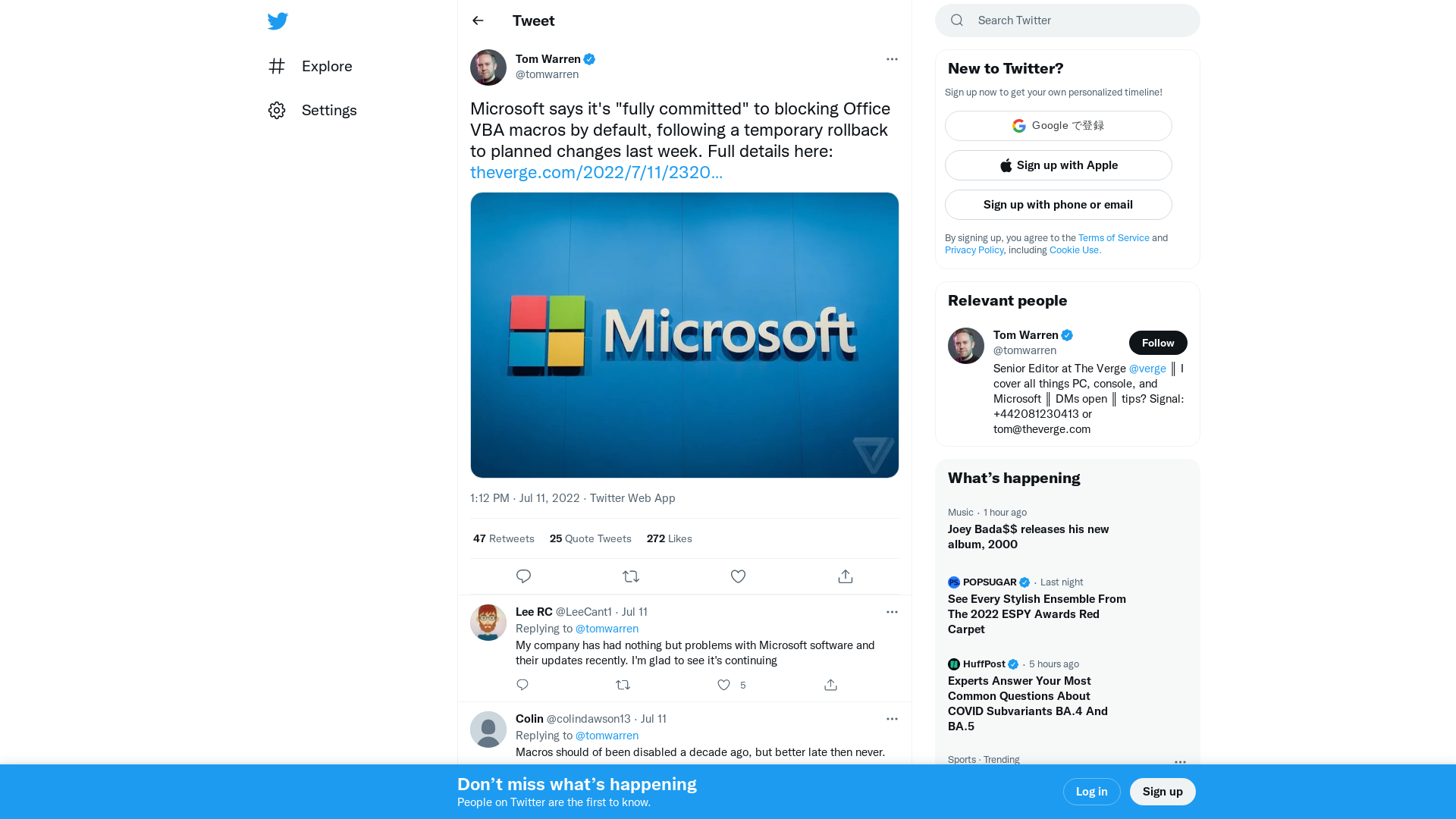 Tom Warren on Twitter: "Microsoft says it's "fully committed" to blocking Office VBA macros by default, following a temporary rollback to planned changes last week. Full details here: https://t.co/p0oI106Xv3 https://t.co/PzInRgZNdu" / Twitter