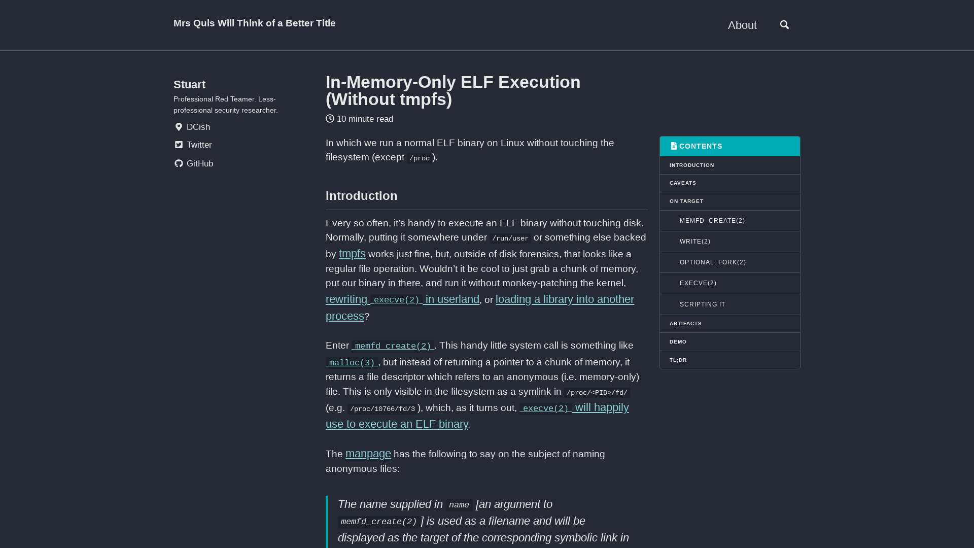 In-Memory-Only ELF Execution (Without tmpfs) Mrs Quis Will Think of a Better Title