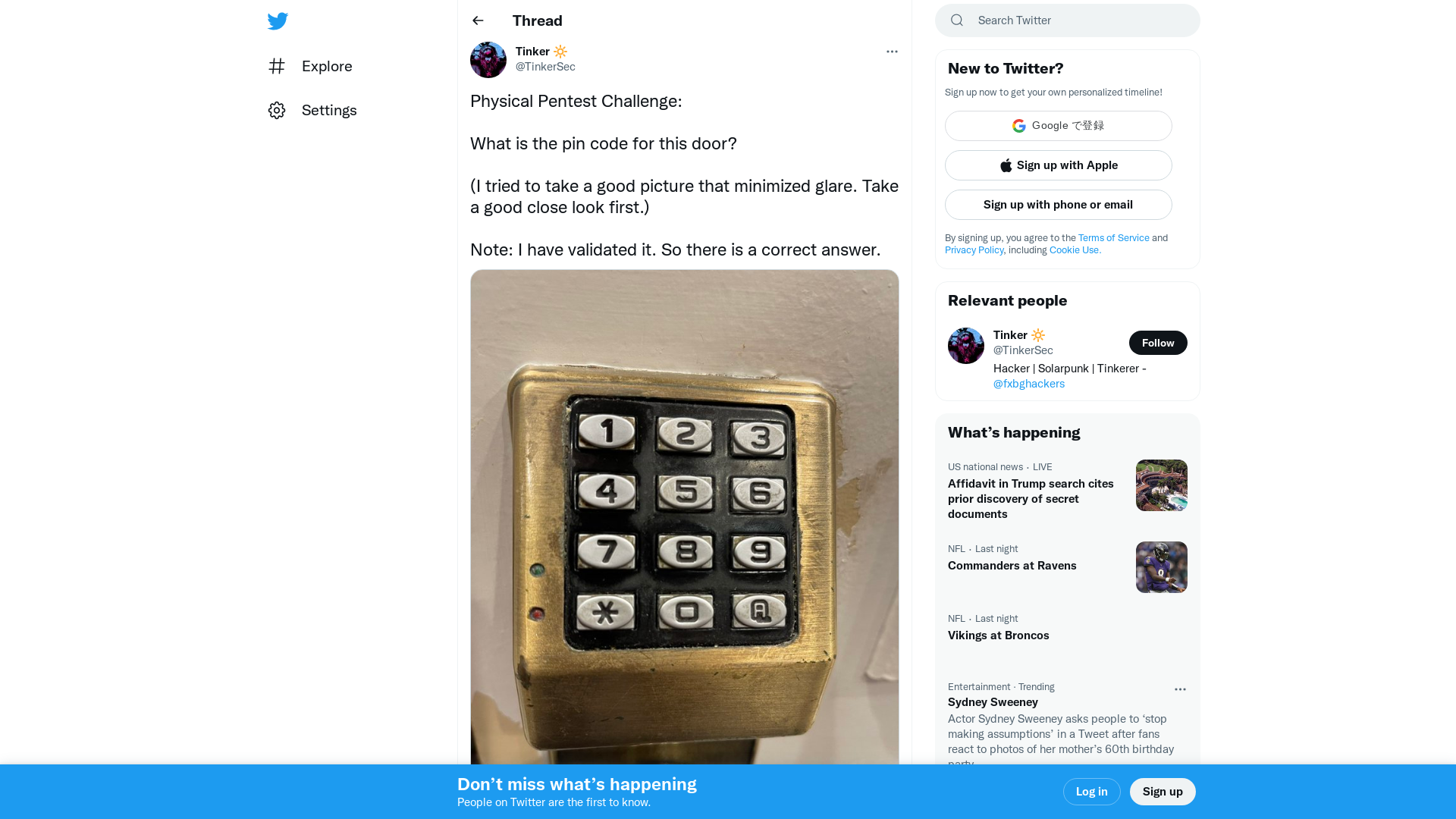 Tinker 🔆 on Twitter: "Physical Pentest Challenge: What is the pin code for this door? (I tried to take a good picture that minimized glare. Take a good close look first.) Note: I have validated it. So there is a correct answer. https://t.co/X4oqPtsNE3" / Twitter