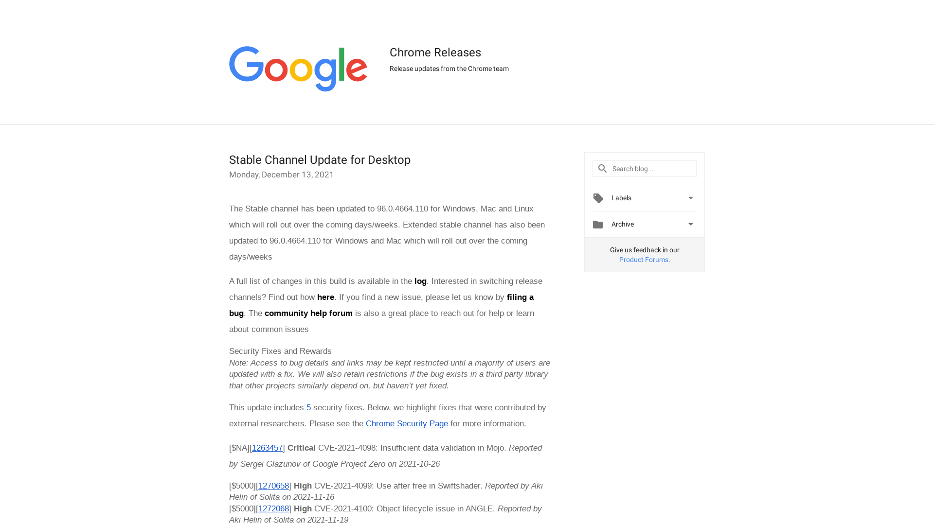 Chrome Releases: Stable Channel Update for Desktop