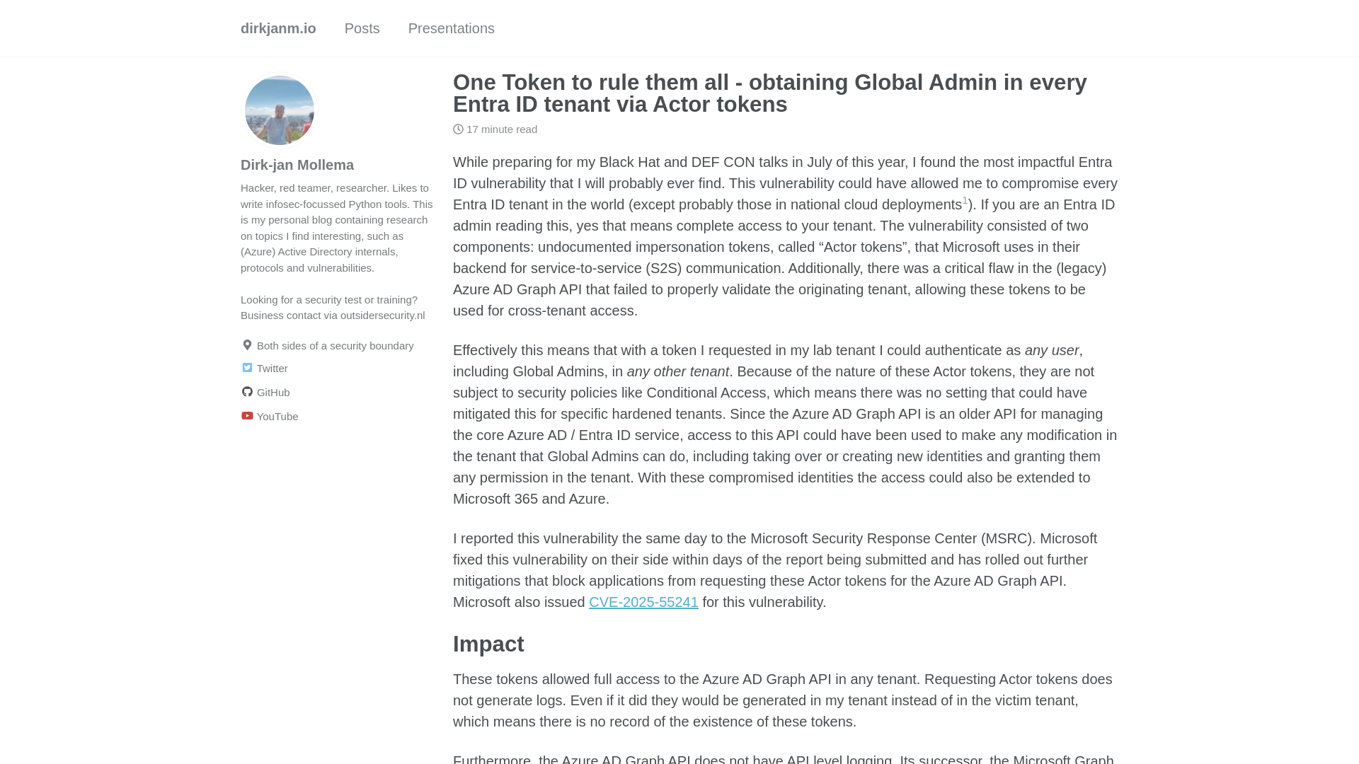 One Token to rule them all - obtaining Global Admin in every Entra ID tenant via Actor tokens - dirkjanm.io