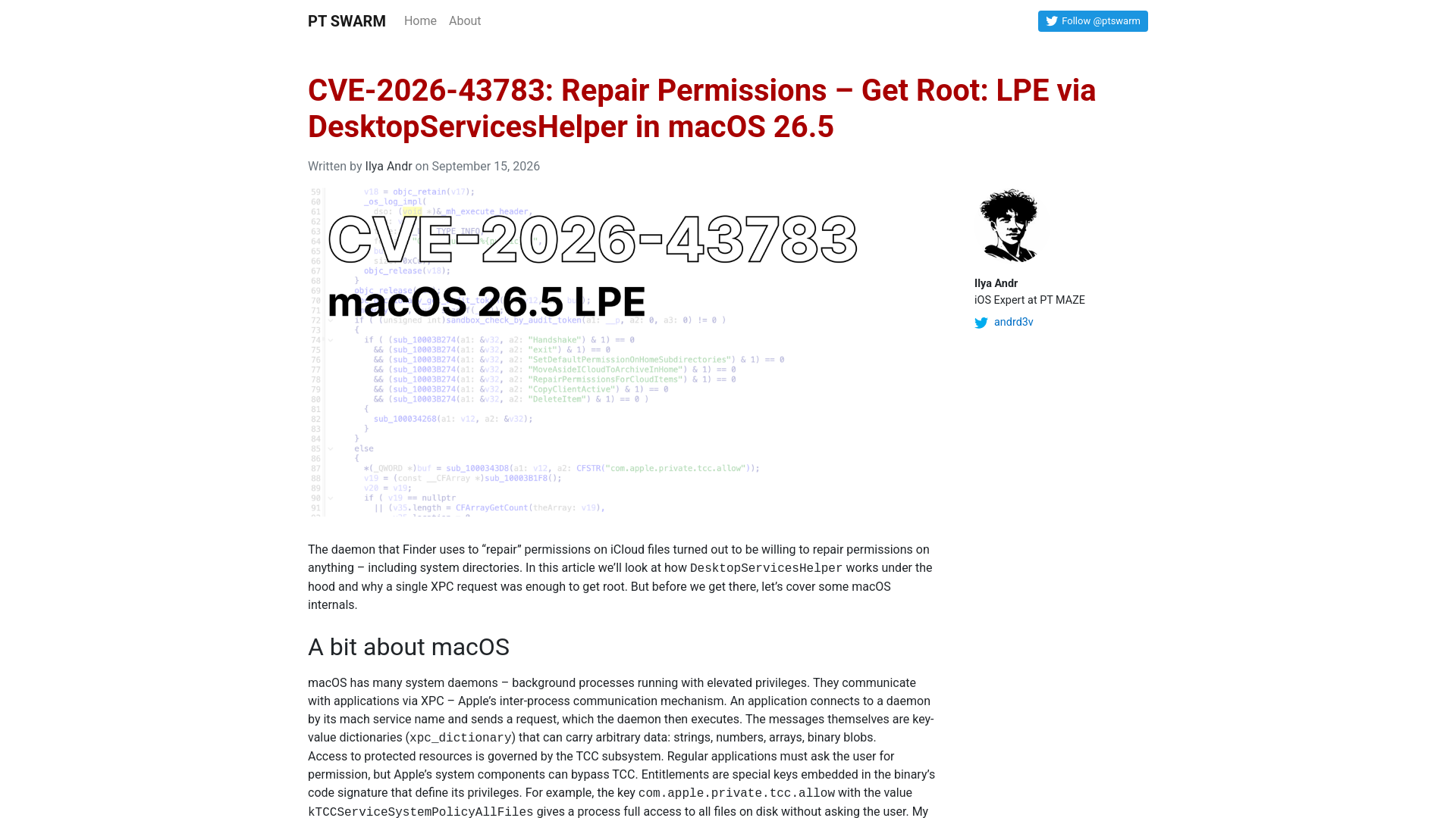 CVE-2026-43783: Repair Permissions – Get Root: LPE via DesktopServicesHelper in macOS 26.5 – PT SWARM
