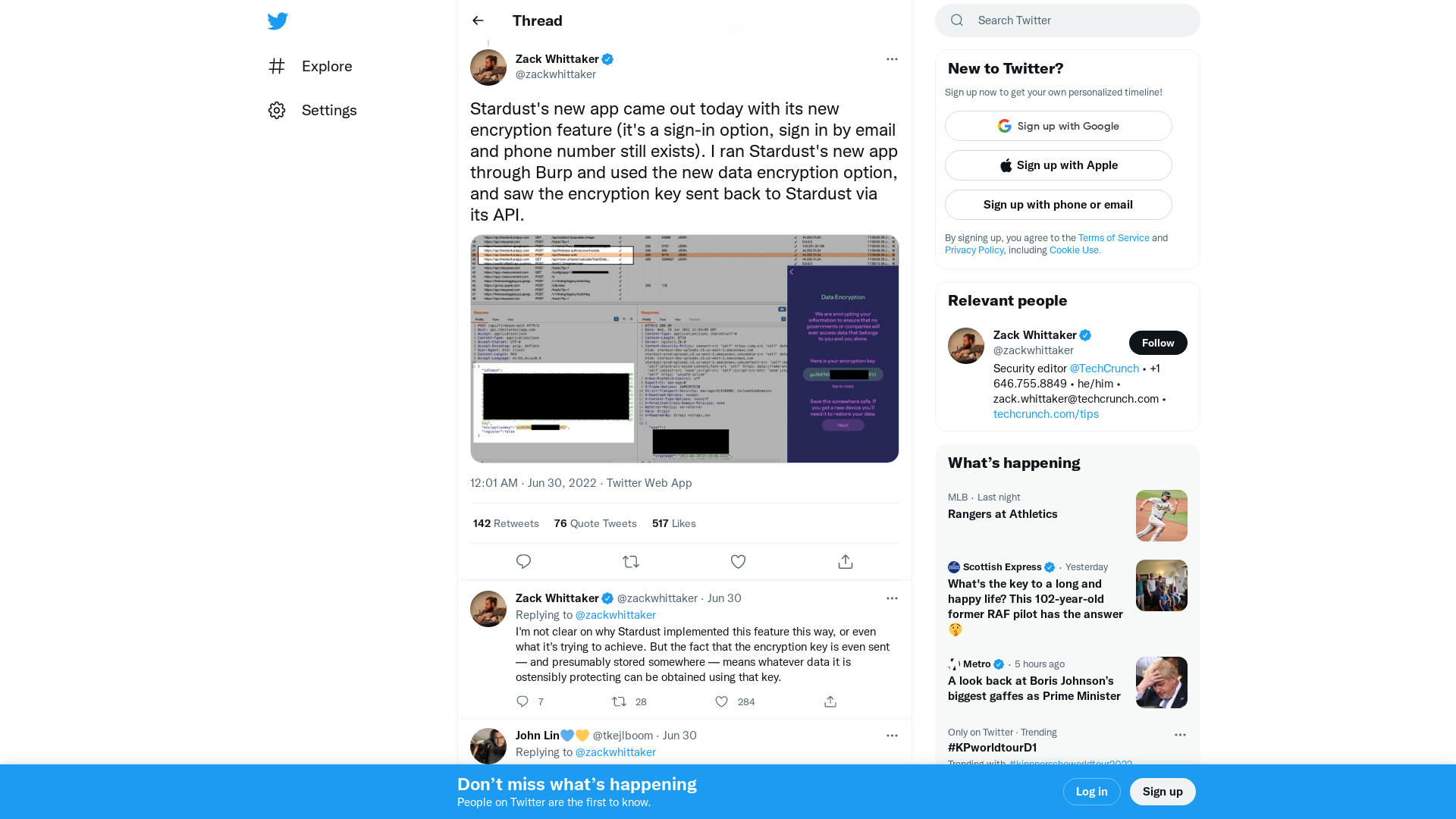 Zack Whittaker on Twitter: "Stardust's new app came out today with its new encryption feature (it's a sign-in option, sign in by email and phone number still exists). I ran Stardust's new app through Burp and used the new data encryption option, and saw the encryption key sent back to Stardust via its API. https://t.co/NIlPDf99Vy" / Twitter