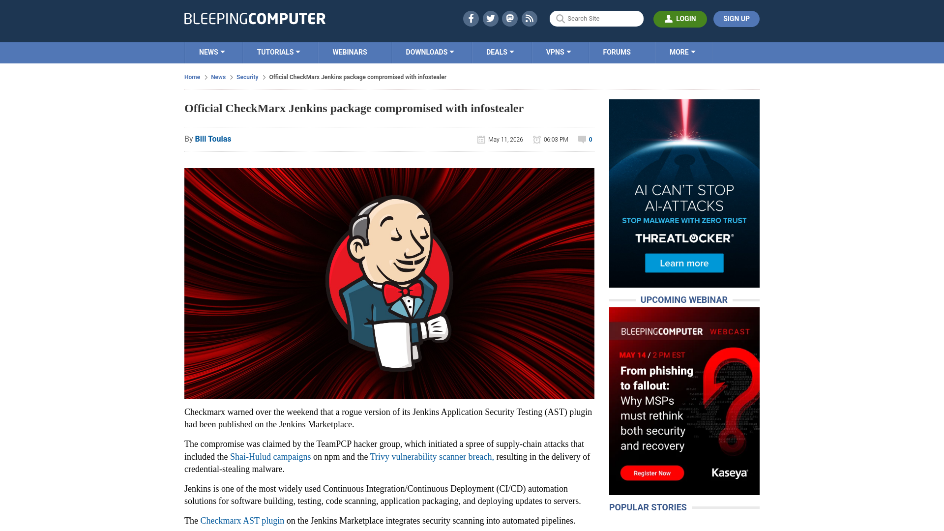 Official CheckMarx Jenkins package compromised with infostealer